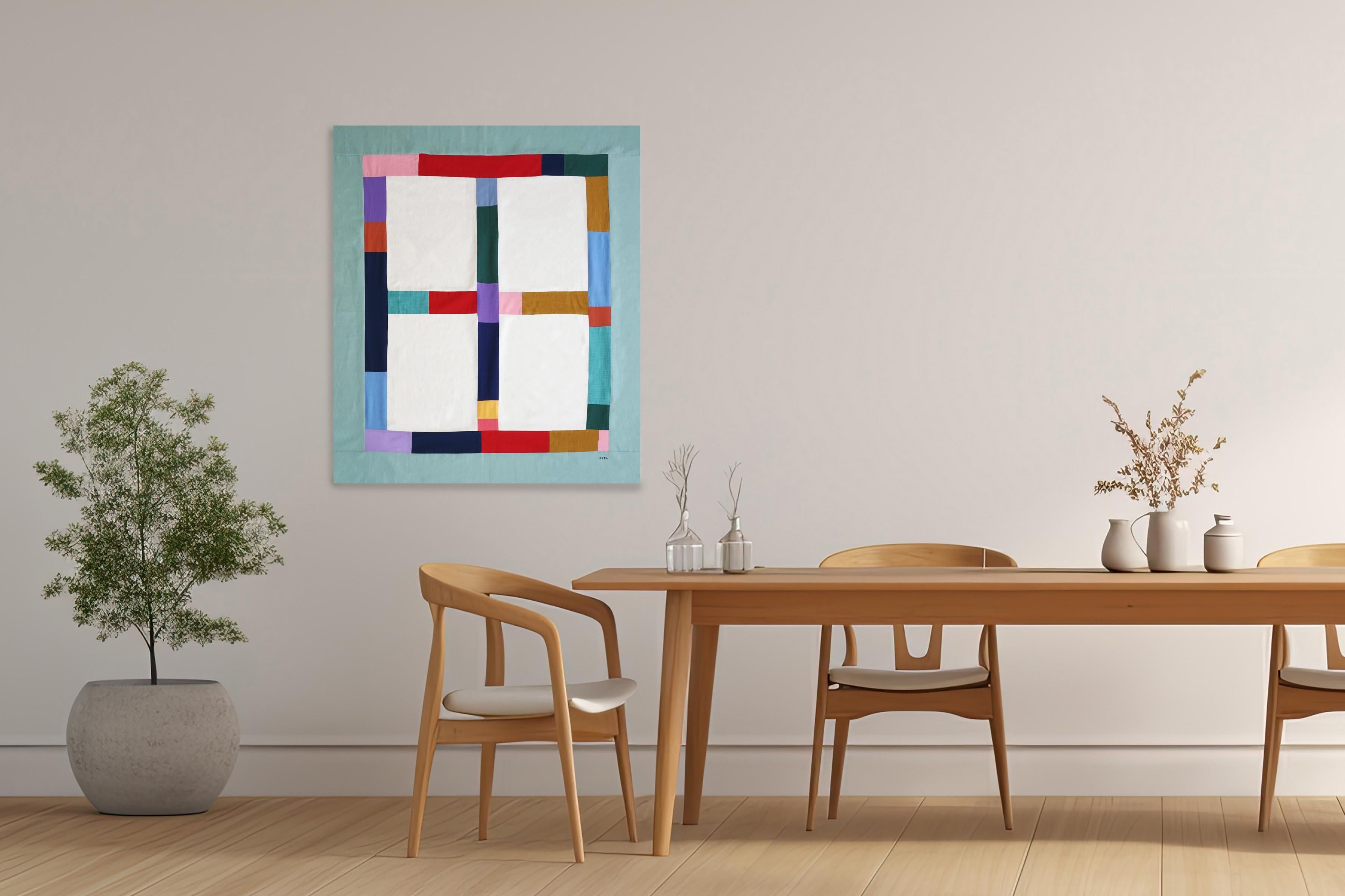 Colorful Indoor Window, Turquoise Constructivist Composition, Textile Art, 2024 For Sale 4