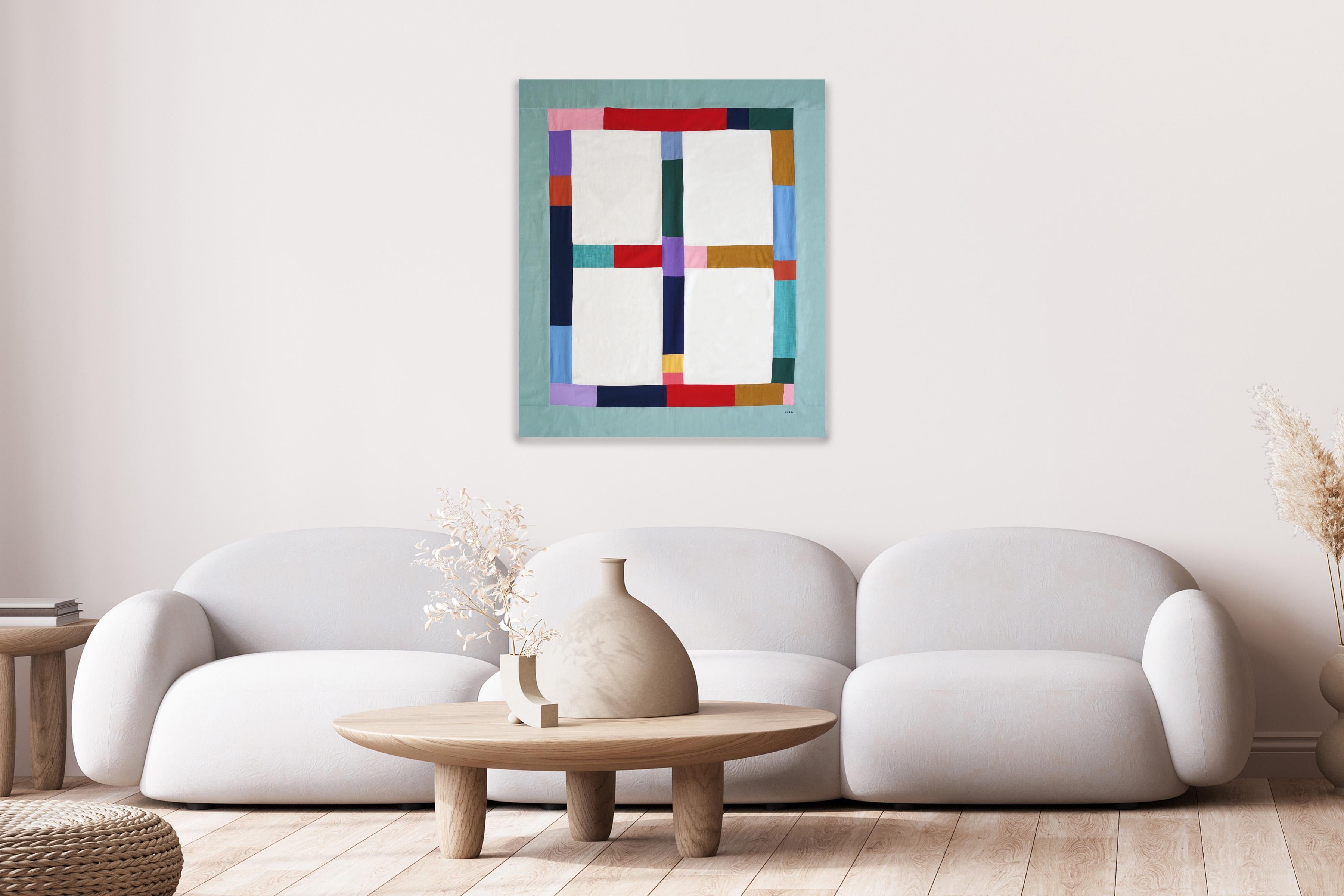 Colorful Indoor Window, Turquoise Constructivist Composition, Textile Art, 2024 - Abstract Geometric Mixed Media Art by Zita Chocarro