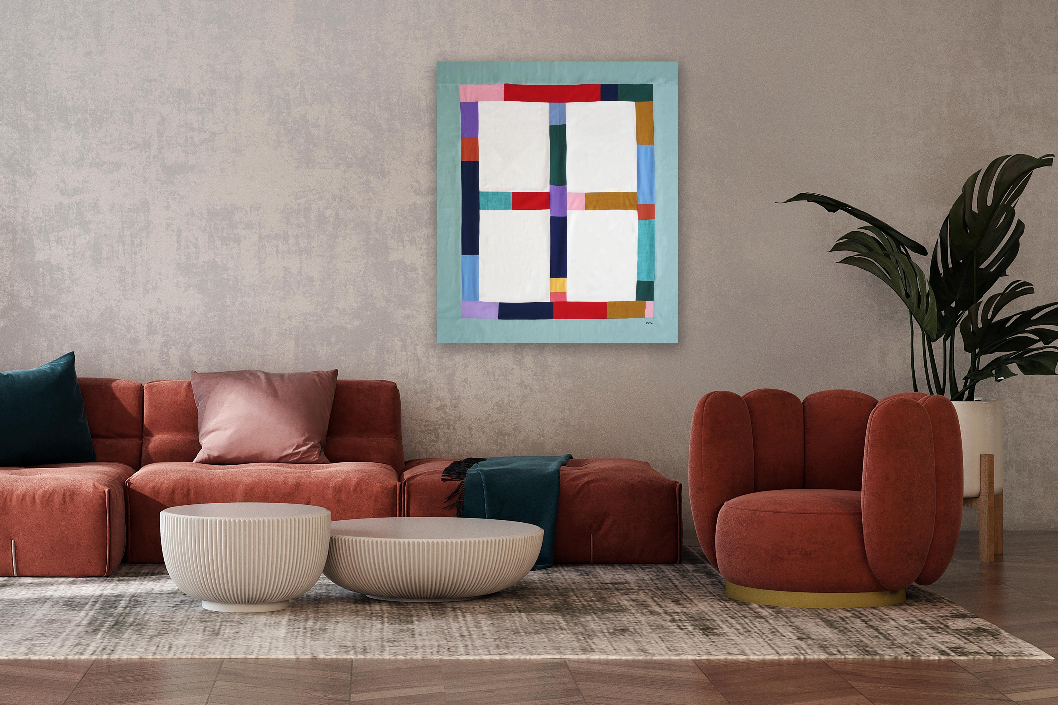 This is a beautiful patchwork piece by Zita Chocarro. 
Her exploration of color plays with form and contrast, as the intersection of the shapes she uses masterfully come together to interact beautifully in every space they are displayed. Inspired by