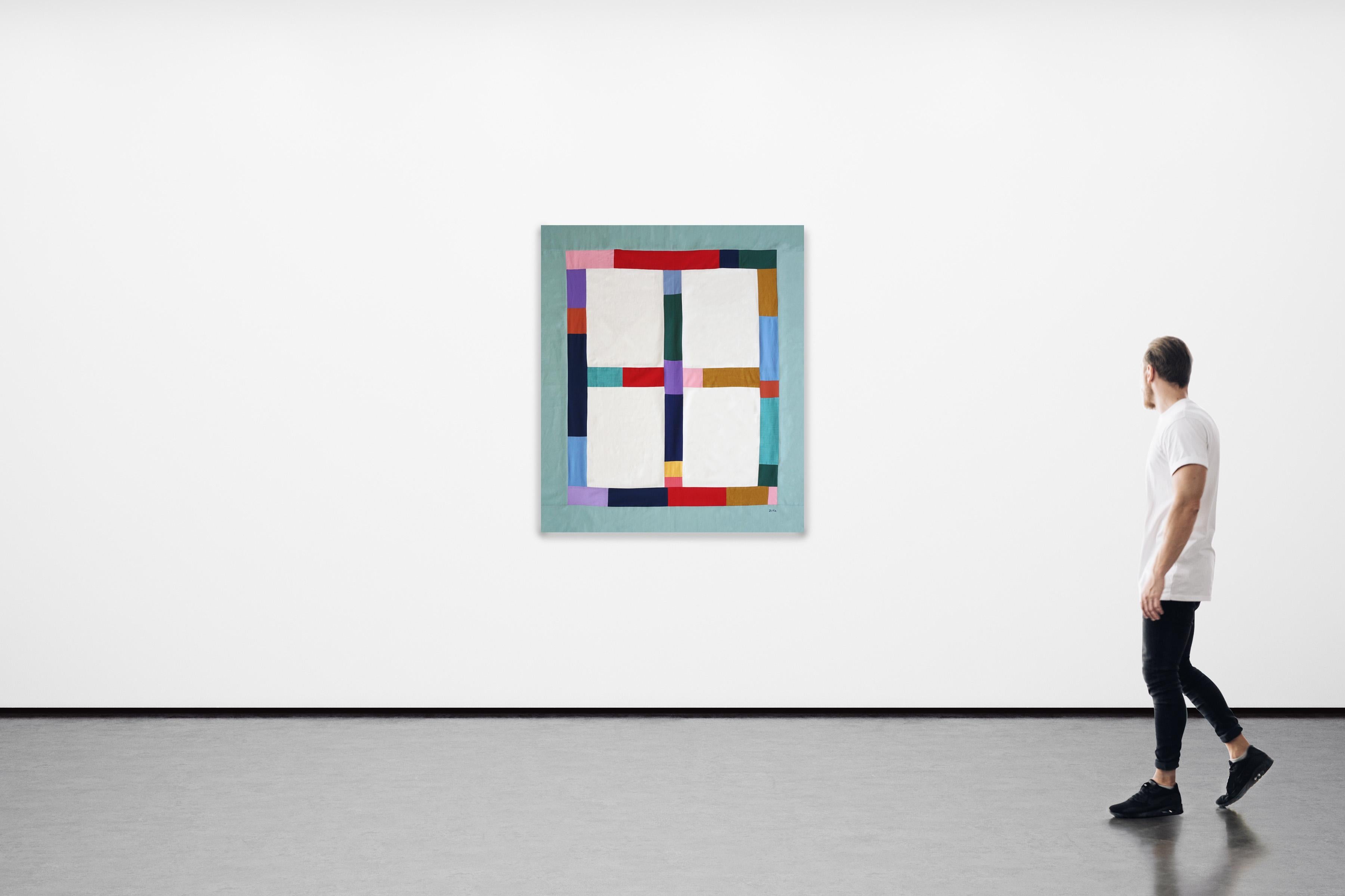 Colorful Indoor Window, Turquoise Constructivist Composition, Textile Art, 2024 For Sale 3