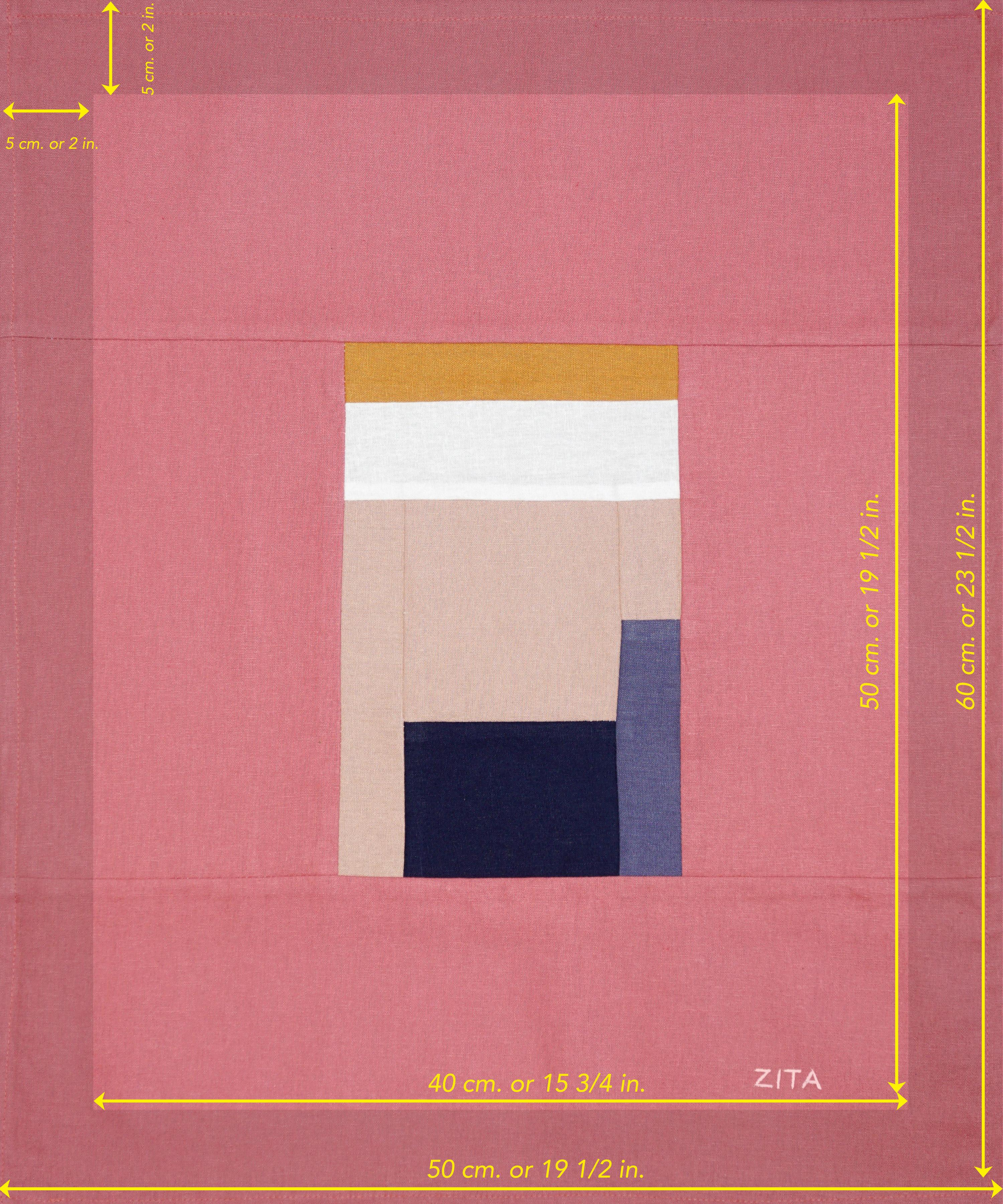 Questo è un bellissimo pezzo patchwork di Zita Chocarro. 
La sua esplorazione del colore gioca con la forma e il contrasto, mentre l'intersezione delle forme che utilizza si fonde magistralmente per interagire in modo meraviglioso in ogni spazio in