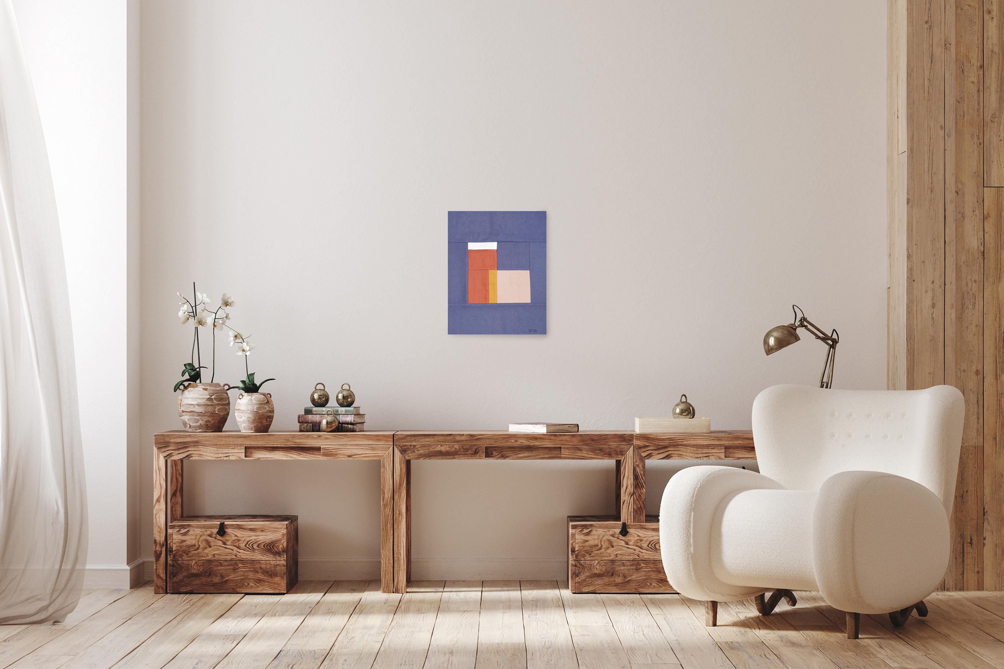 Finestra costruttivista invernale, composizioni patchwork in blu, arazzo geometrico in vendita 1