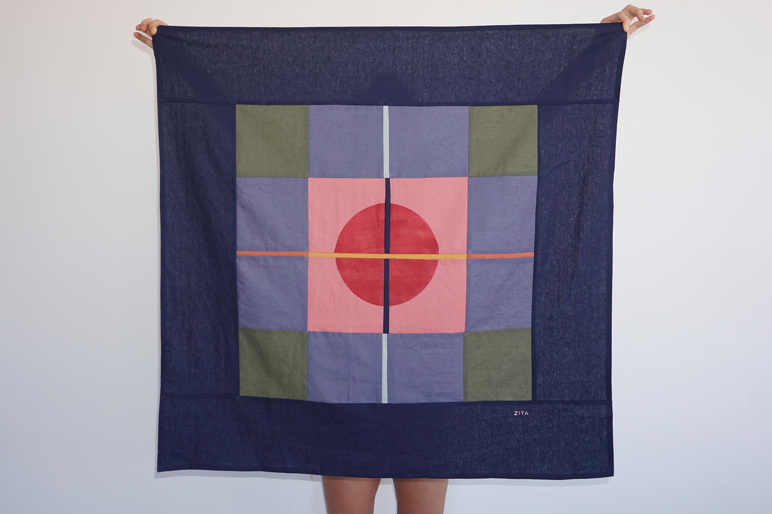 This is a beautiful patchwork piece by Zita Chocarro. 
Her exploration of color plays with form and contrast, as the intersection of the shapes she uses masterfully come together to interact beautifully in every space they are displayed. Inspired by