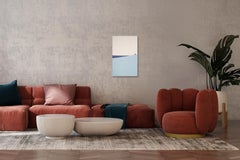 Spiaggia artica al tramonto, paesaggio geometrico patchwork minimalista, tessuto di lino 2024