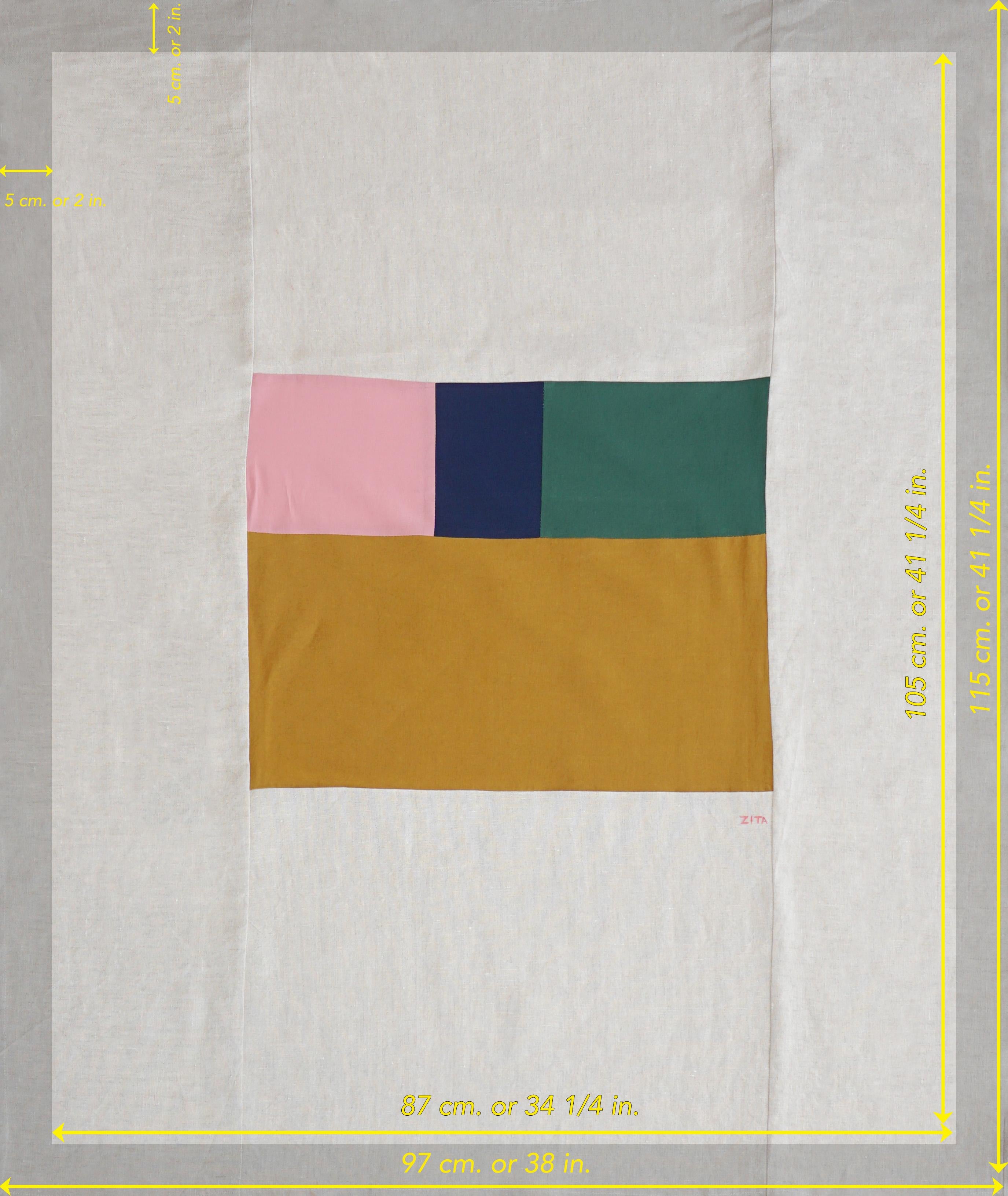 This is a beautiful patchwork piece by Zita Chocarro. 
Her exploration of color plays with form and contrast, as the intersection of the shapes she uses masterfully come together to interact beautifully in every space they are displayed. Inspired by