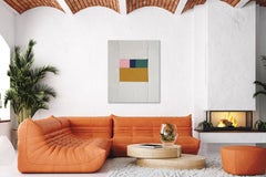 Quiet Room dall'alto, interni geometrici Bauhaus, patchwork di toni nudi, 2024