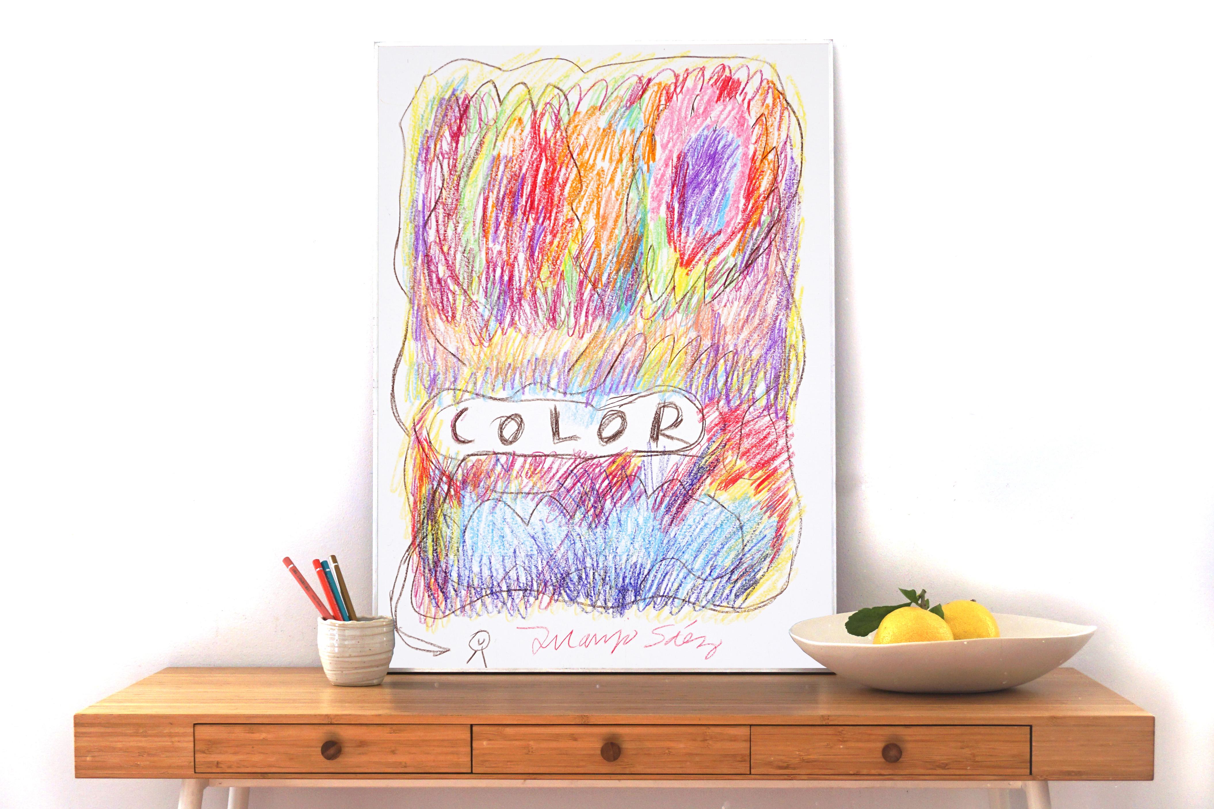 Loud Color, Expressionist Drawing on Watercolor Paper in Vivid Tones, Text Art - Beige Abstract Drawing by Juanjo Saez