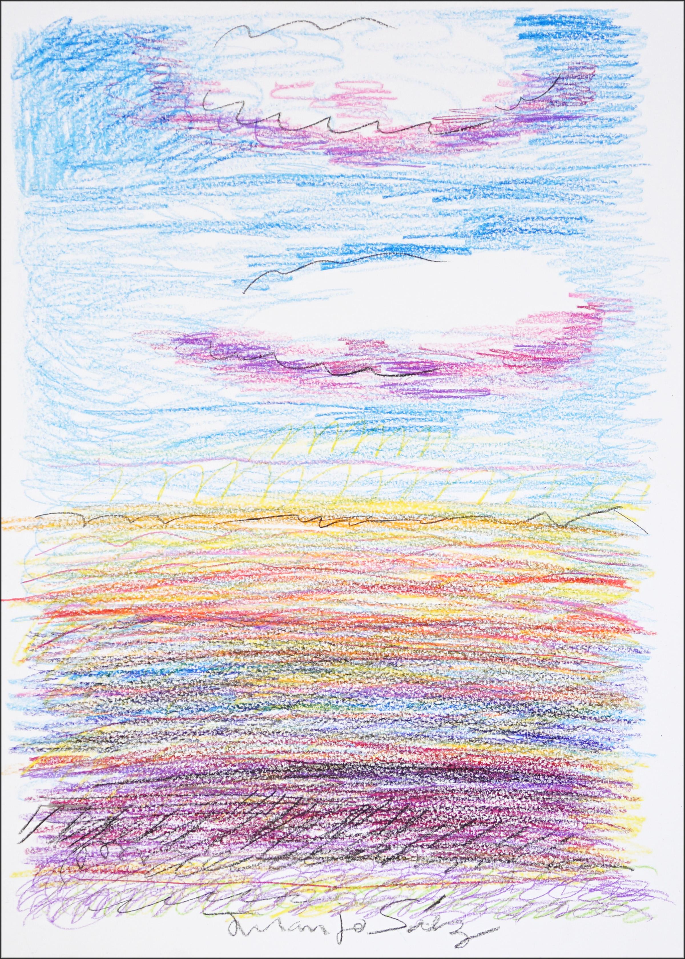 Zwei Wolken, Expressionistische Zeichnung auf Aquarellpapier, Himmelslandschaft, Naïf-Landschaft