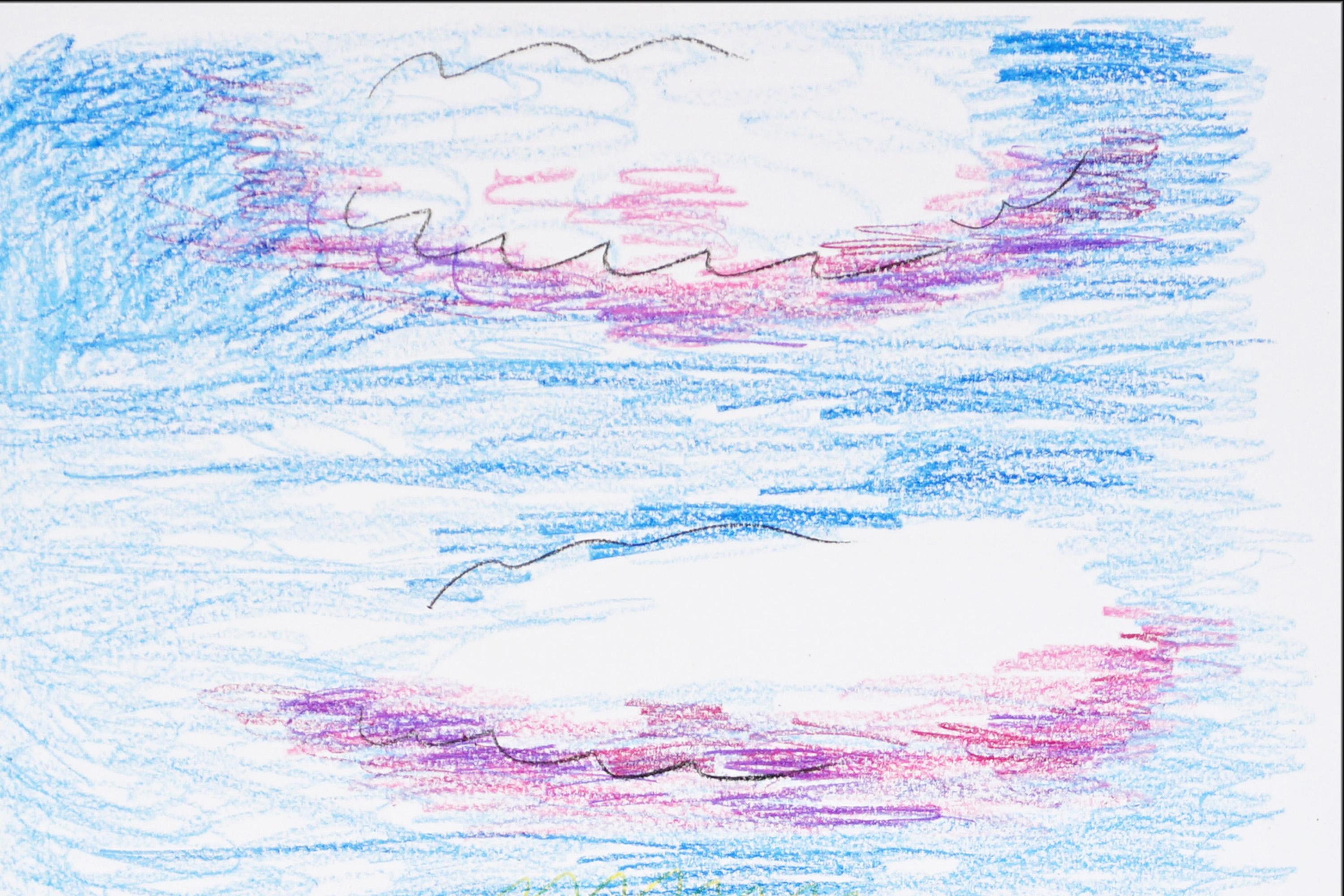 Due nuvole, Disegno espressionista su carta acquerellata, Paesaggio marino, Paesaggio Naïf in vendita 3