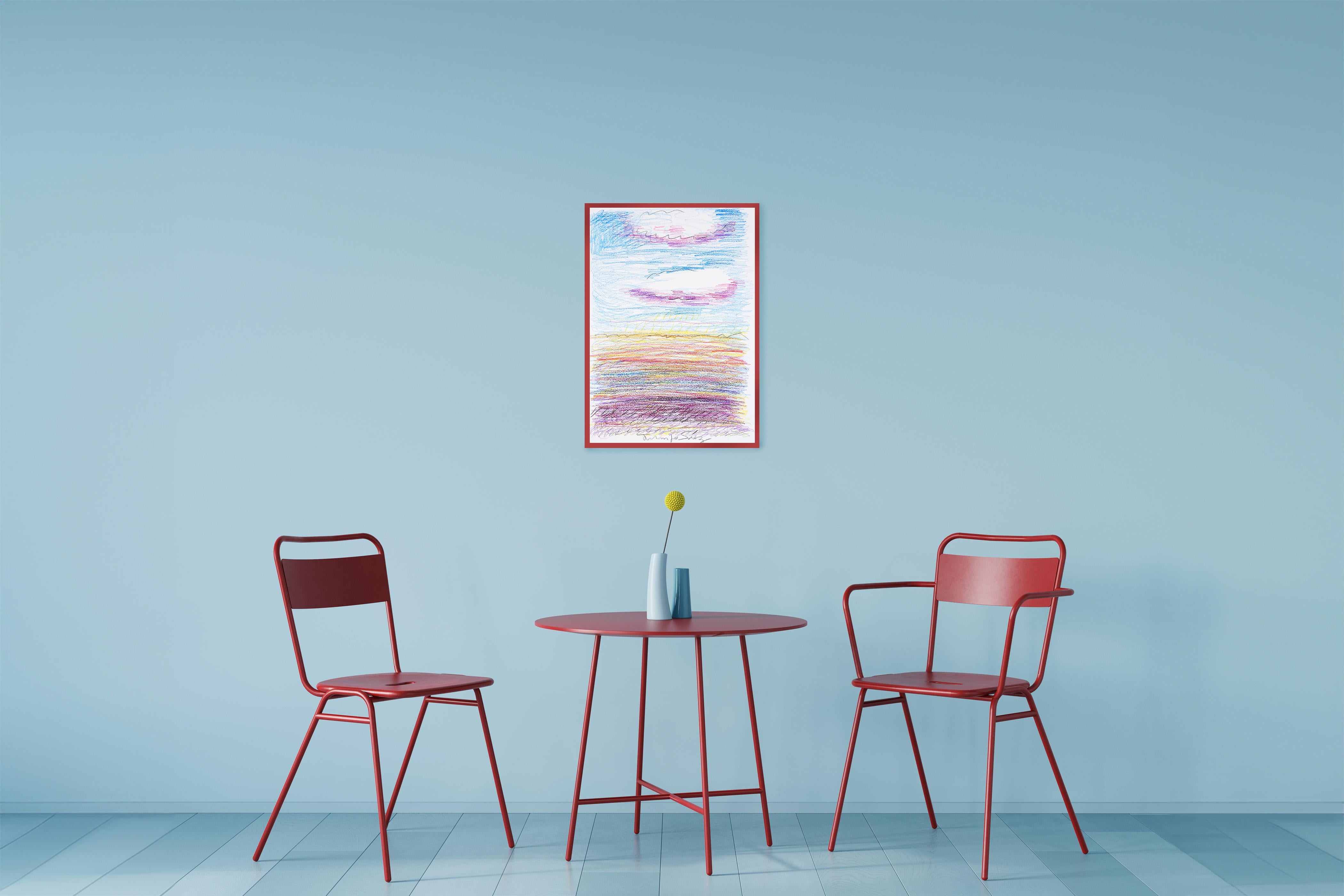 Due nuvole, Disegno espressionista su carta acquerellata, Paesaggio marino, Paesaggio Naïf in vendita 2