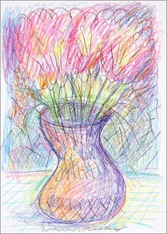Flower Pots, Expressionist Still Life Drawing, Wax Crayon Flowers on Paper