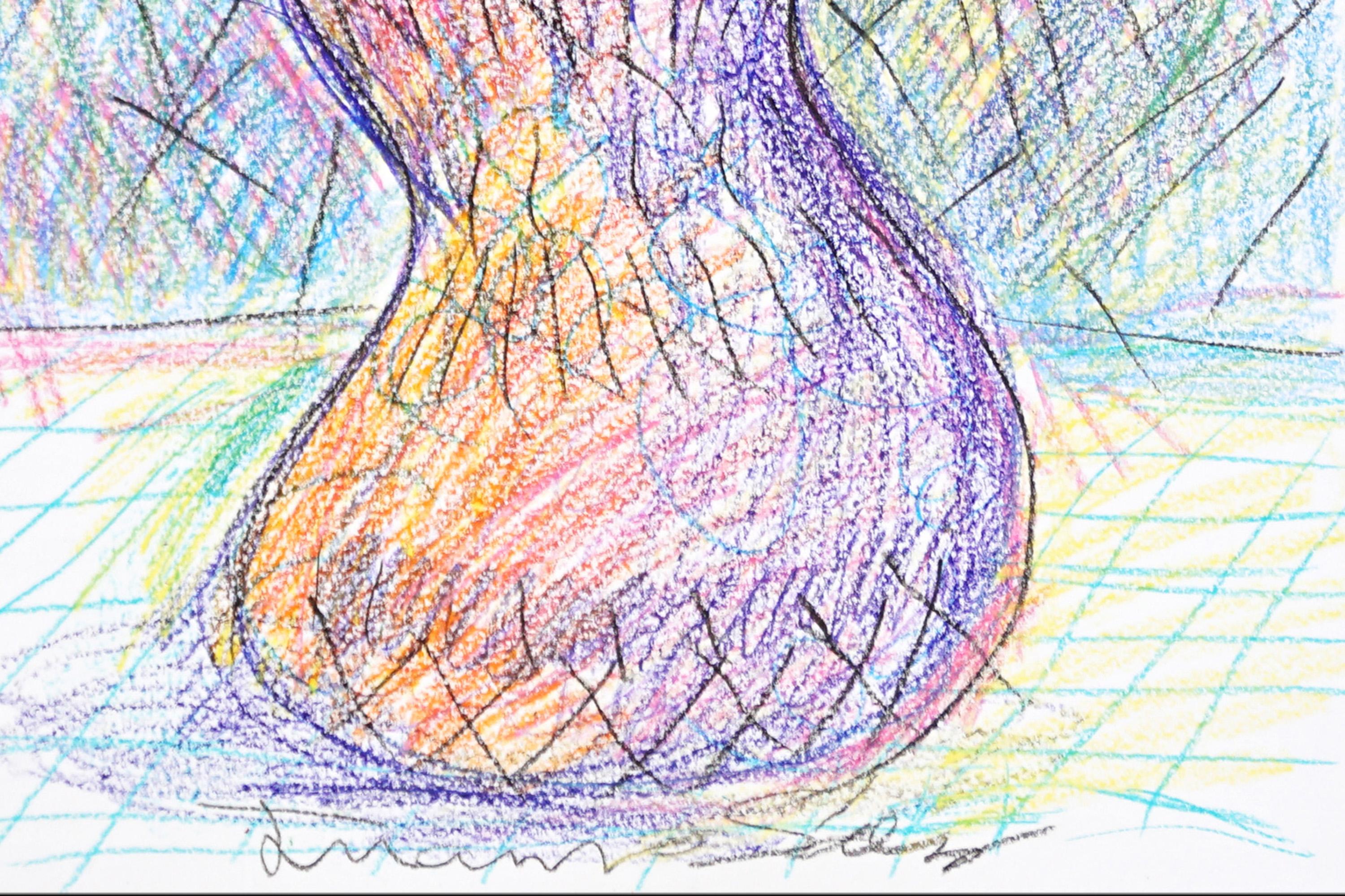 Pots de fleurs, dessin de nature morte expressionniste, fleurs au crayon de cire sur papier en vente 3