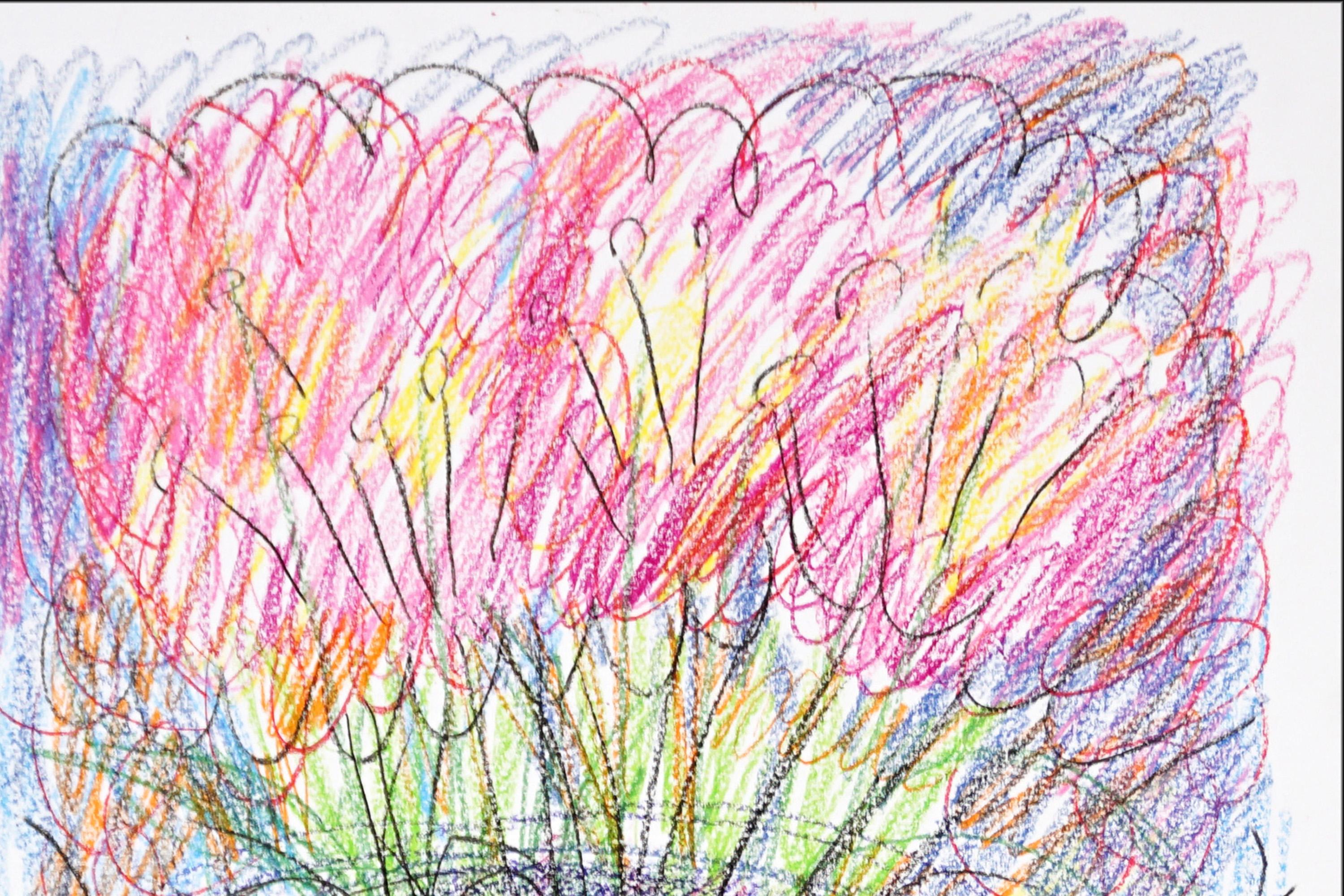 Pots de fleurs, dessin de nature morte expressionniste, fleurs au crayon de cire sur papier en vente 2