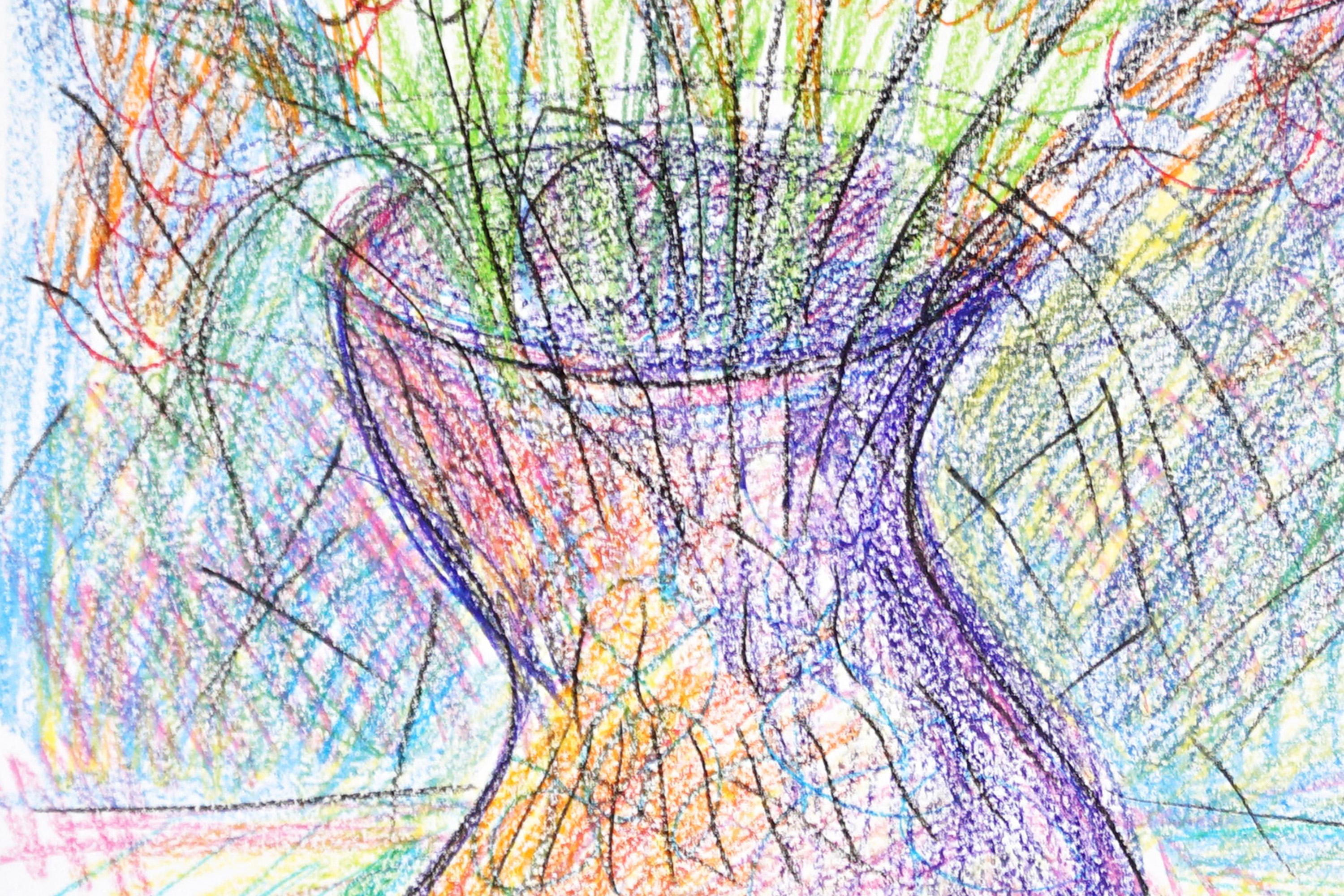 Pots de fleurs, dessin de nature morte expressionniste, fleurs au crayon de cire sur papier - Expressionnisme abstrait Art par Juanjo Saez
