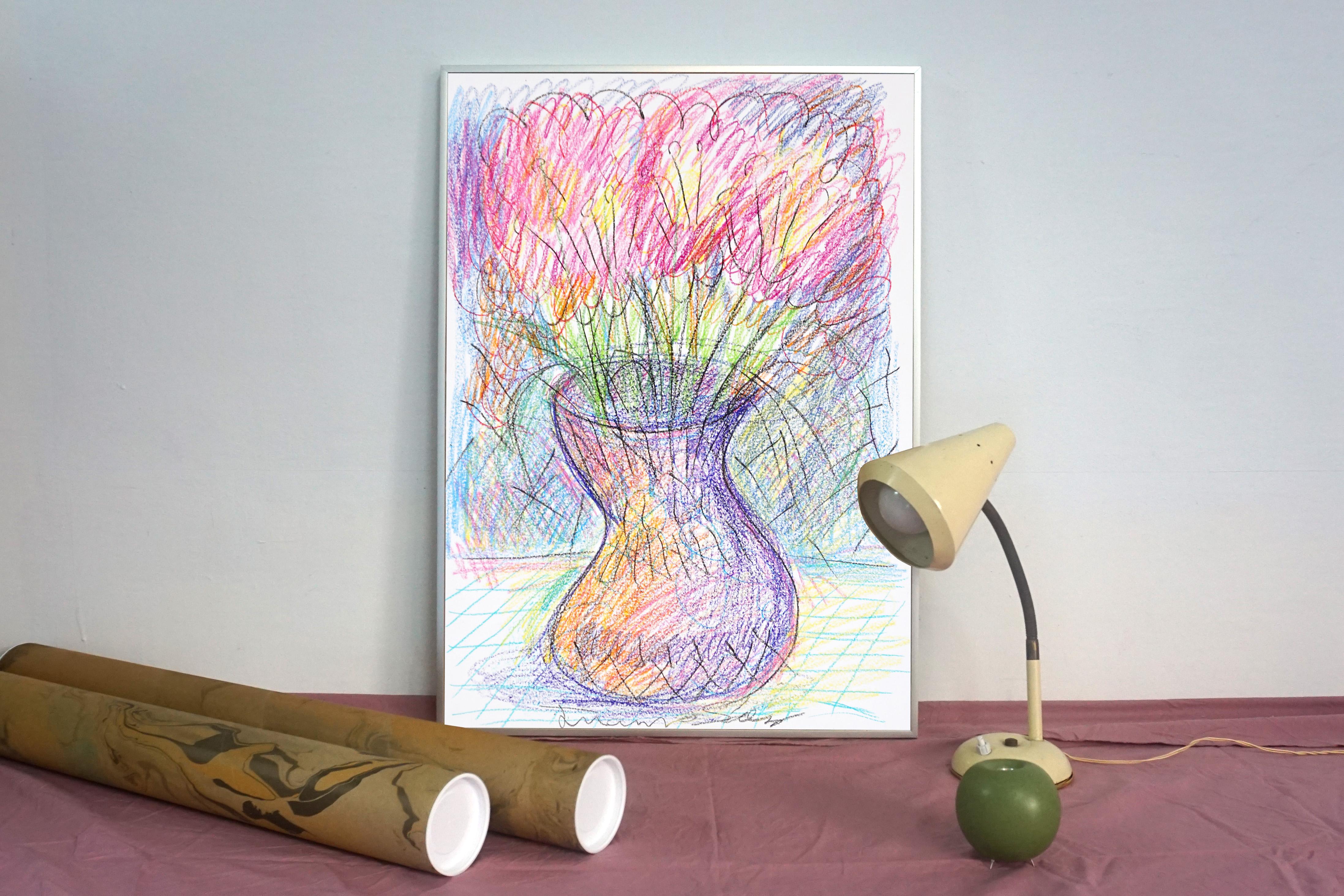 Pots de fleurs, dessin de nature morte expressionniste, fleurs au crayon de cire sur papier - Art de Juanjo Saez