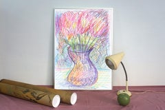 Flower Pots, Expressionist Still Life Drawing, Wax Crayon Flowers on Paper