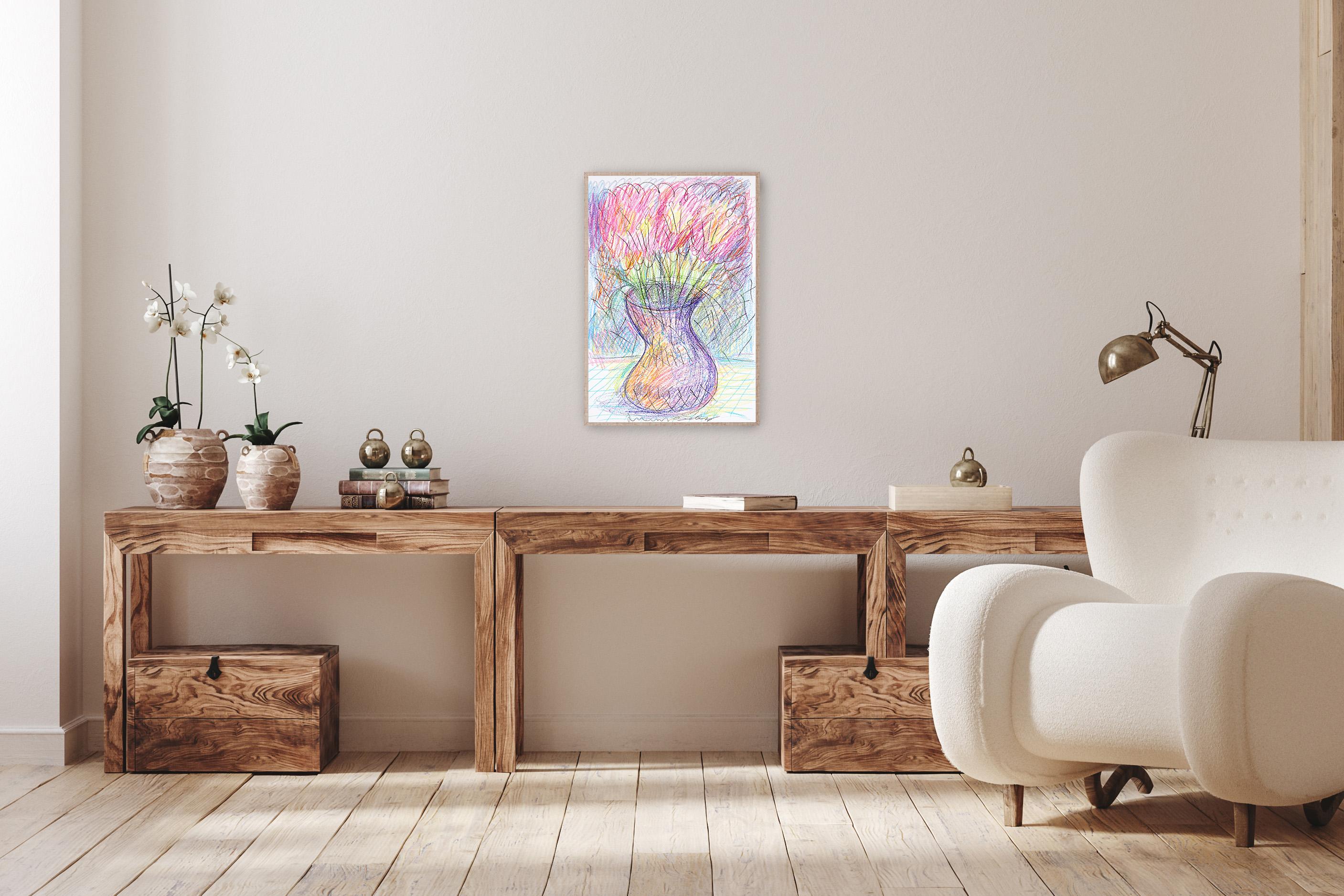 Pots de fleurs, dessin de nature morte expressionniste, fleurs au crayon de cire sur papier - Gris Landscape Art par Juanjo Saez