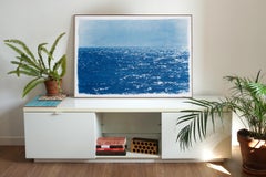 Coastal Blue Cyanotype of Day Time Seascape, Cold Waves, Nautical Painting Shore