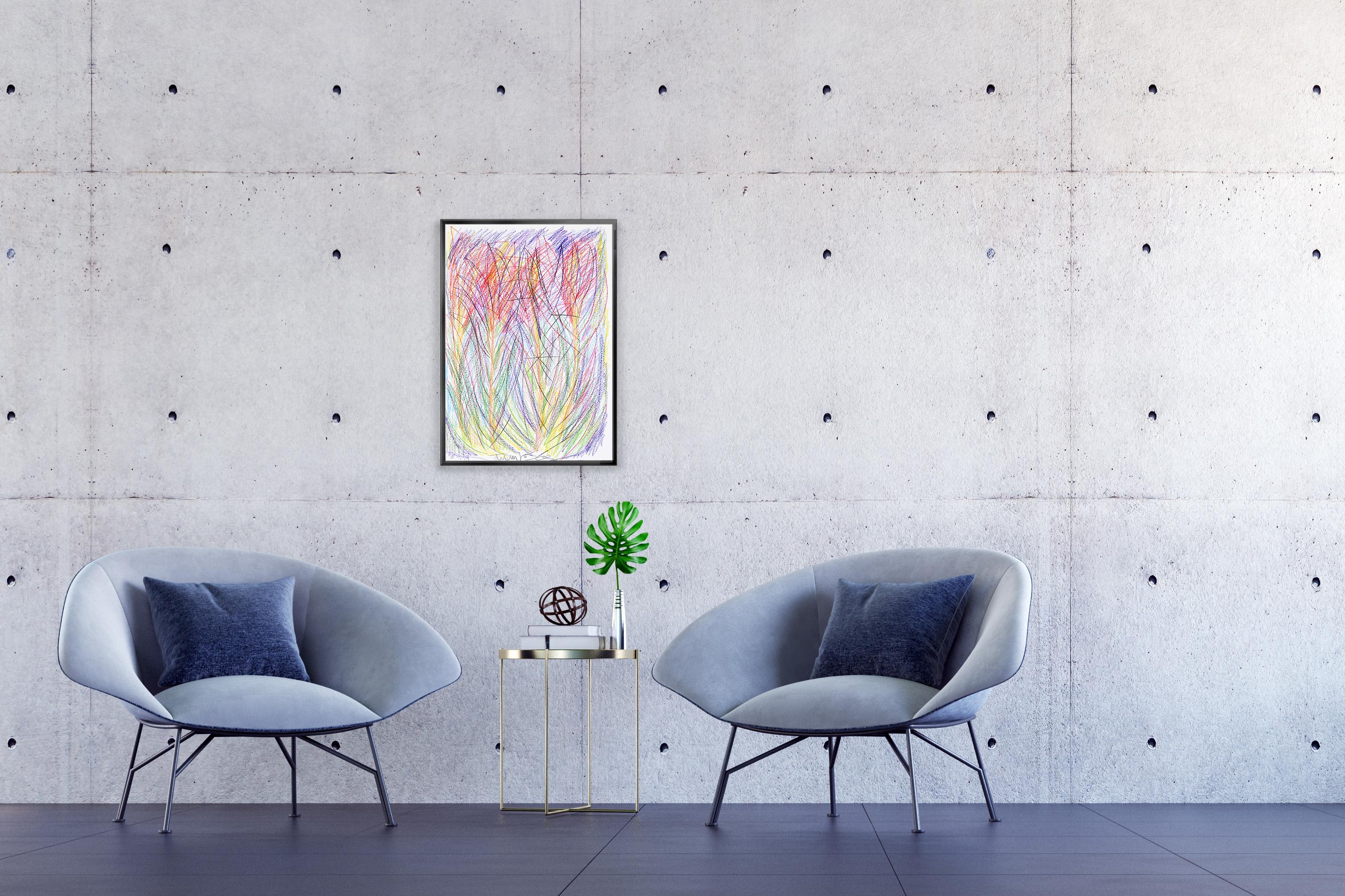 Fleurs sauvages, fleurs expressionnistes abstraites, dessin contemporain sur papier, 2024. - Beige Landscape Art par Juanjo Saez
