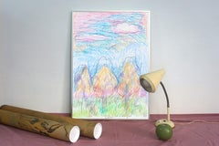 Three Trees Wait, Expressionist Drawing Landscape Watercolor Paper in Spft Tones