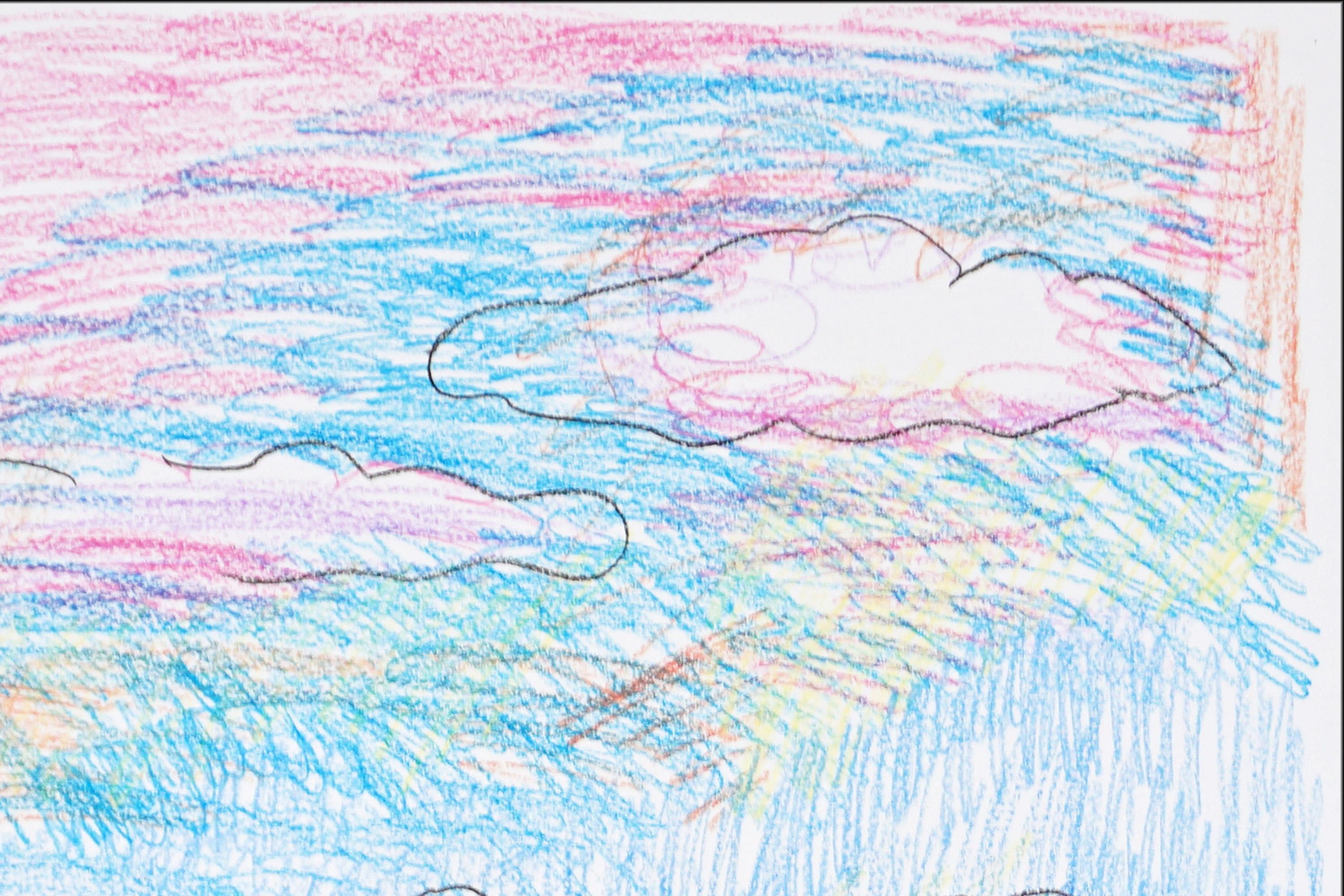 Trois arbres attendent, dessin expressionniste paysage papier aquarelle en tons chauds en vente 2