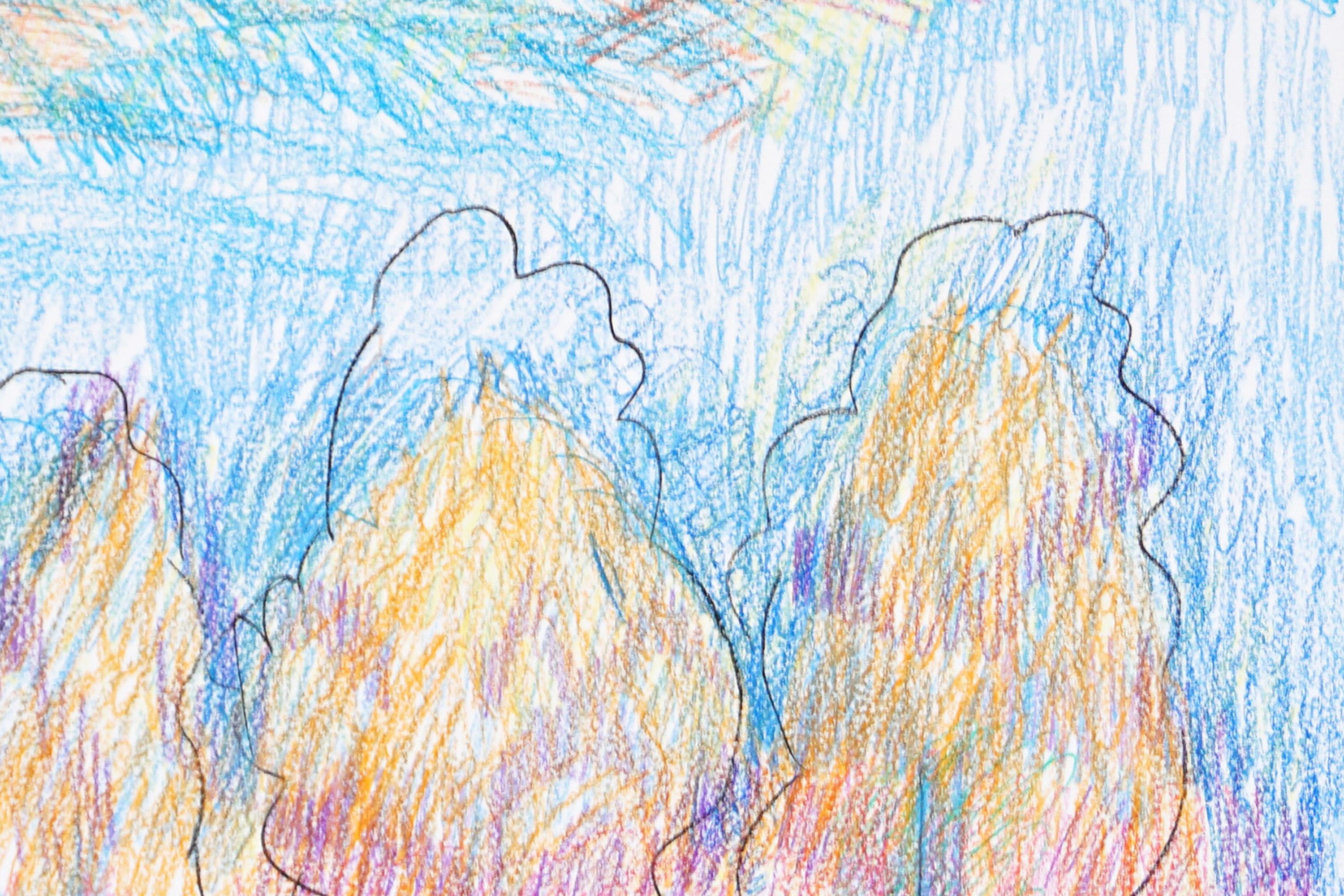 Trois arbres attendent, dessin expressionniste paysage papier aquarelle en tons chauds - Gris Landscape Art par Juanjo Saez