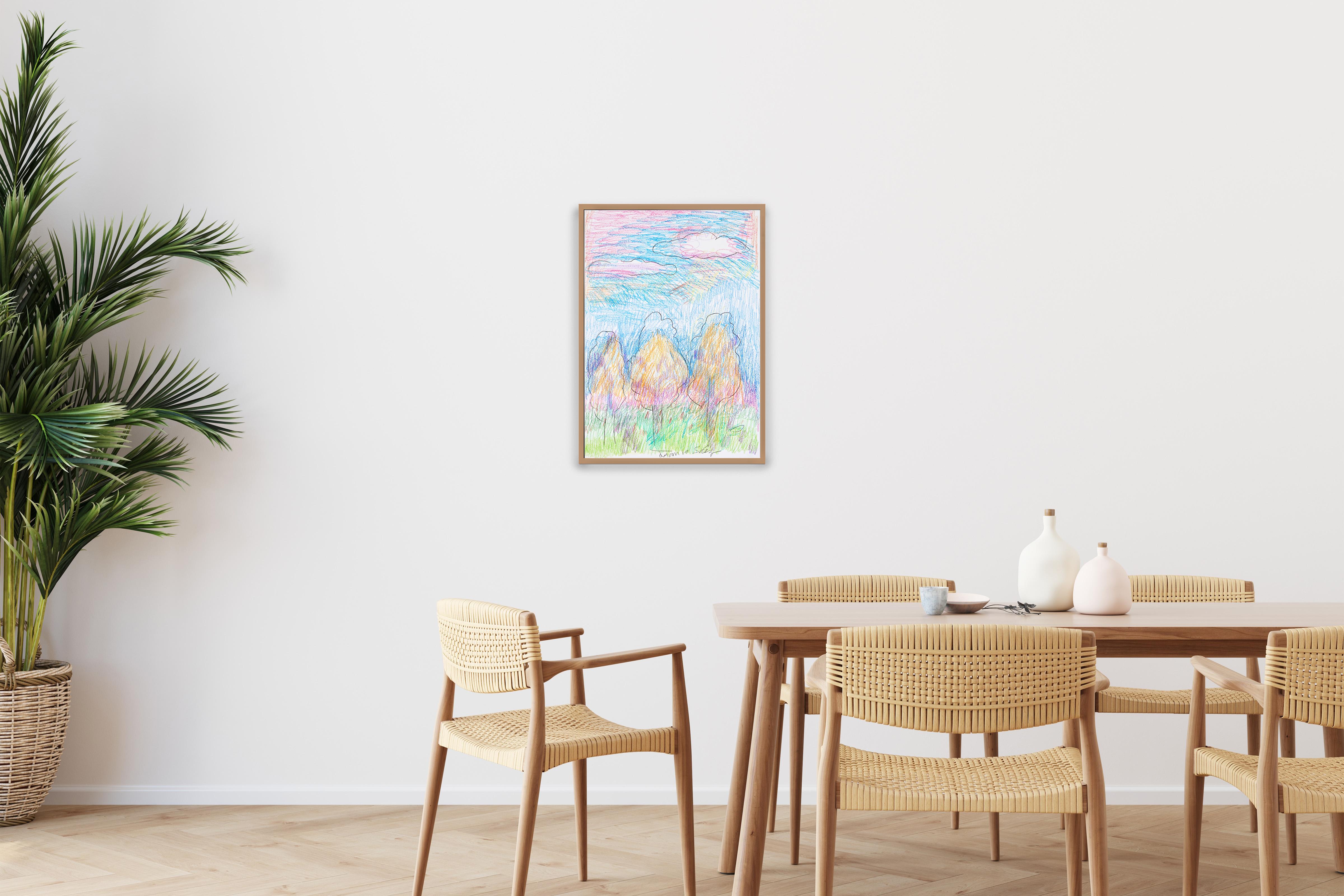 Trois arbres attendent, dessin expressionniste paysage papier aquarelle en tons chauds en vente 1