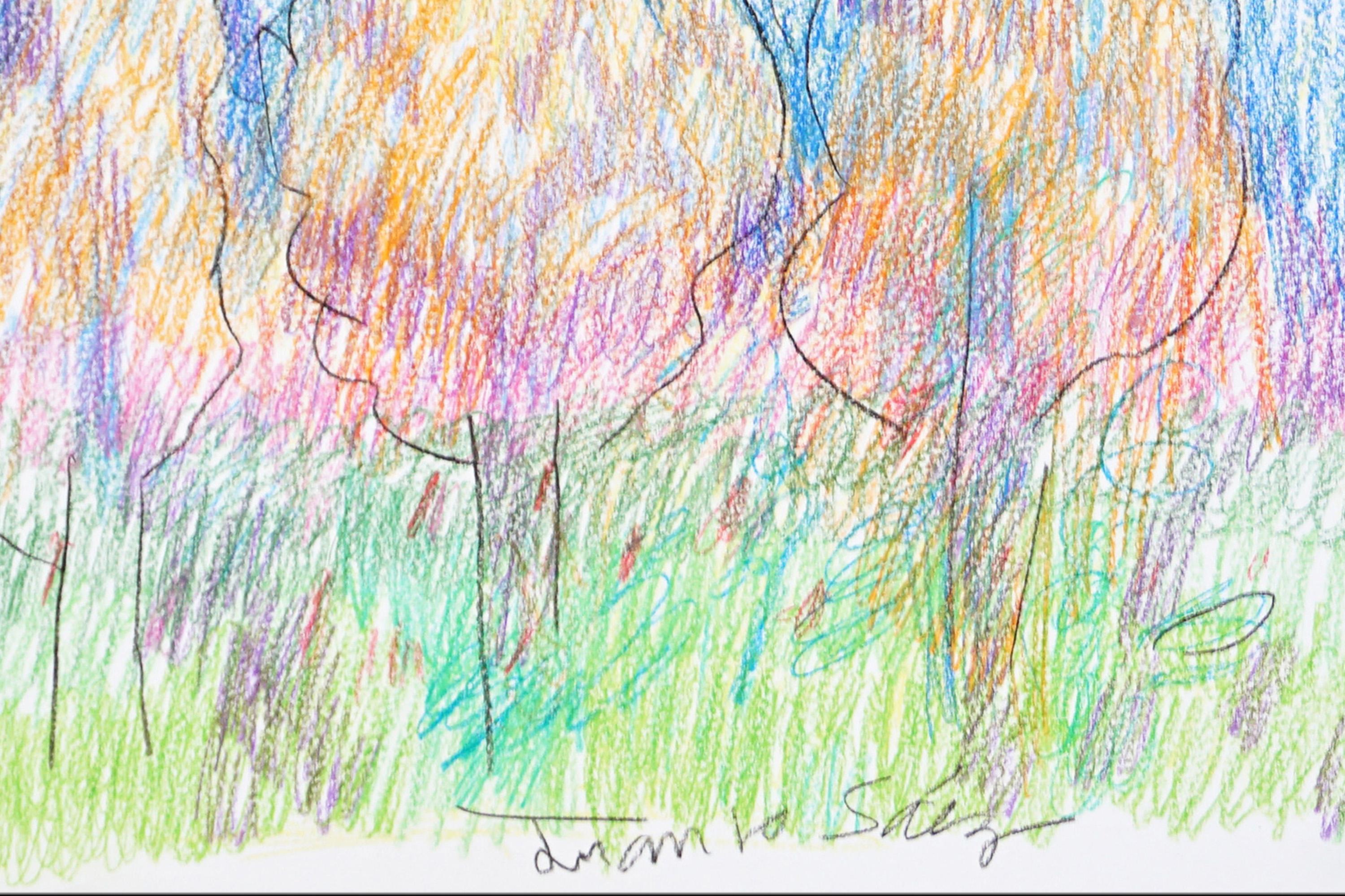 Trois arbres attendent, dessin expressionniste paysage papier aquarelle en tons chauds en vente 3