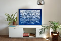 Mediterranean Blue Sea Waves, Blue Border, Cyanotype Print, 100x70cm, Handmade