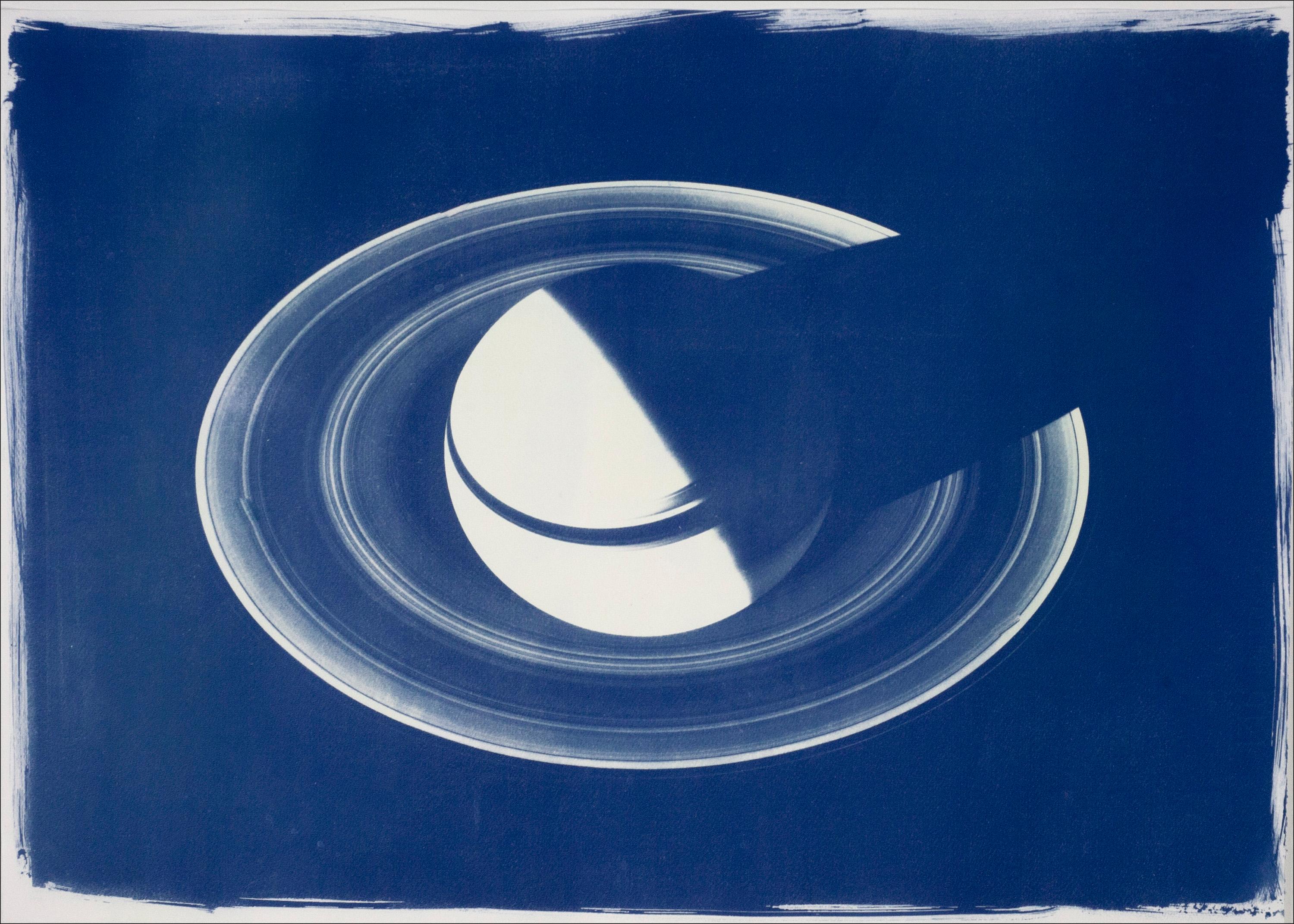 Kind of Cyan Still-Life - Saturn With Rings, Cyanotype on Watercolor Paper, 100x70cm, Space Art