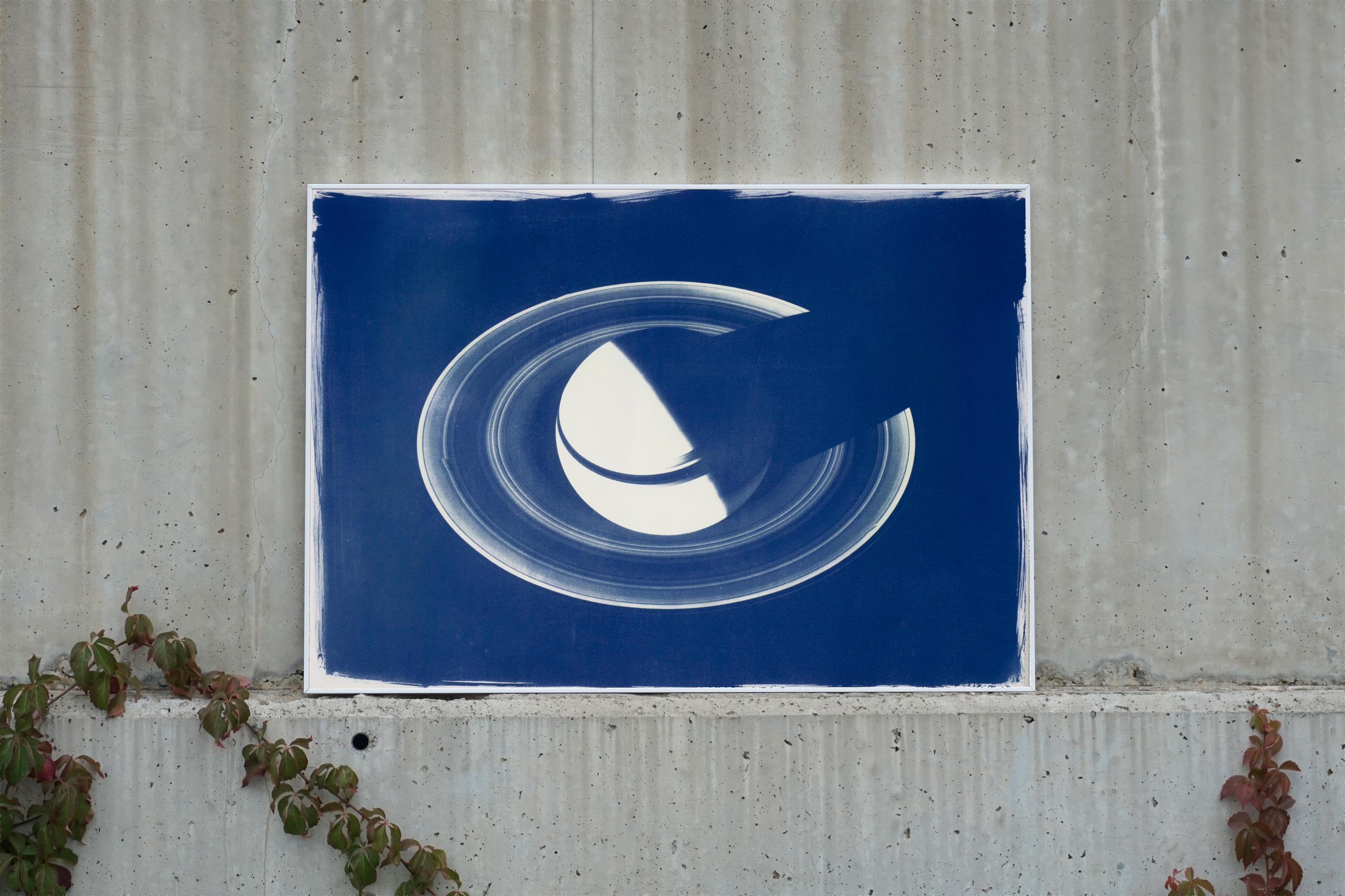 Saturn With Rings, Cyanotype on Watercolor Paper, 100x70cm, Space Art - Purple Still-Life by Kind of Cyan