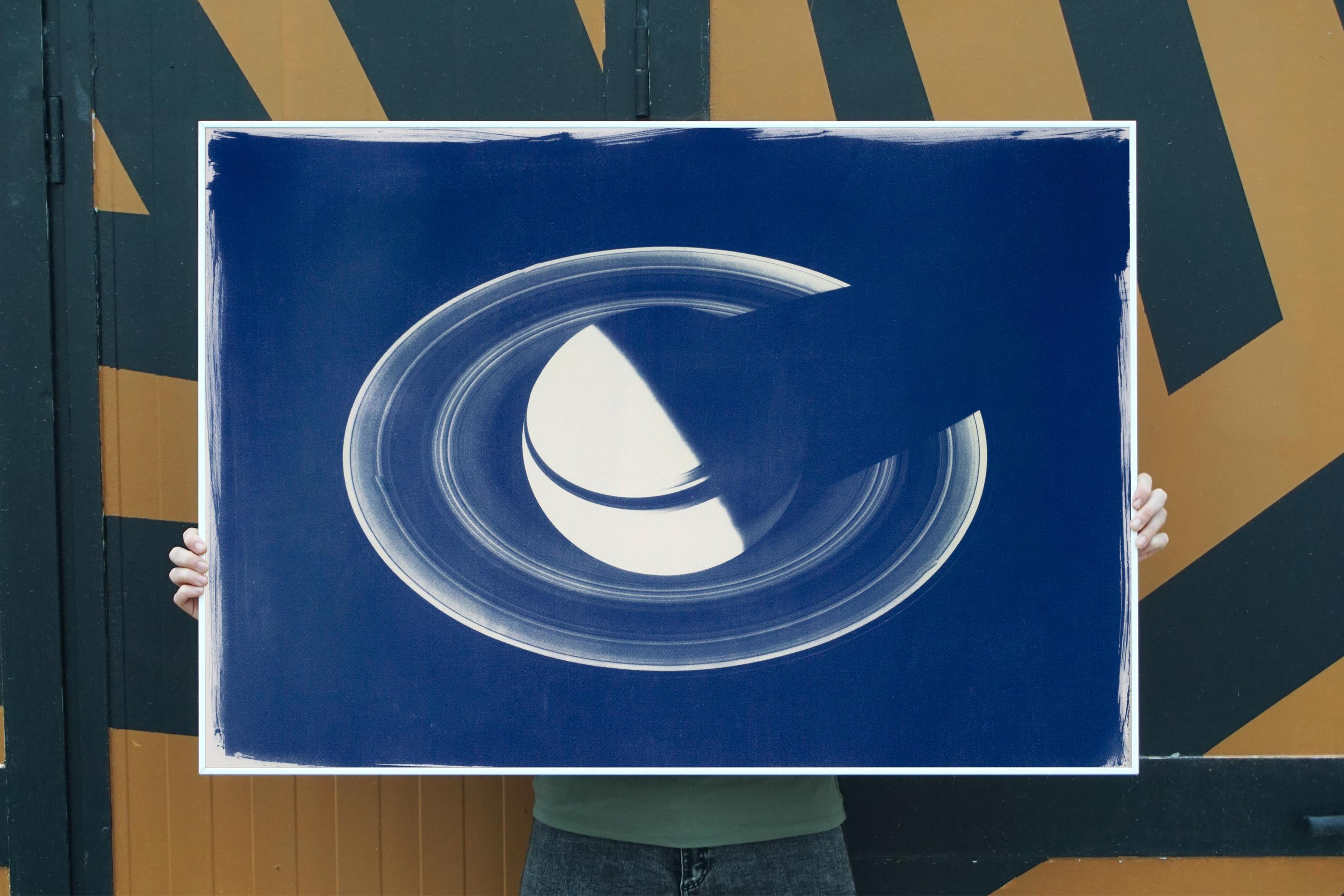 This is an exclusive handprinted limited edition cyanotype.
The image shows one of the most fascinating planets of our Solar System: Saturn.

Details:
+ Title: Saturn With Rings
+ Year: 2019
+ Edition Size: 50
+ Stamped and Certificate of