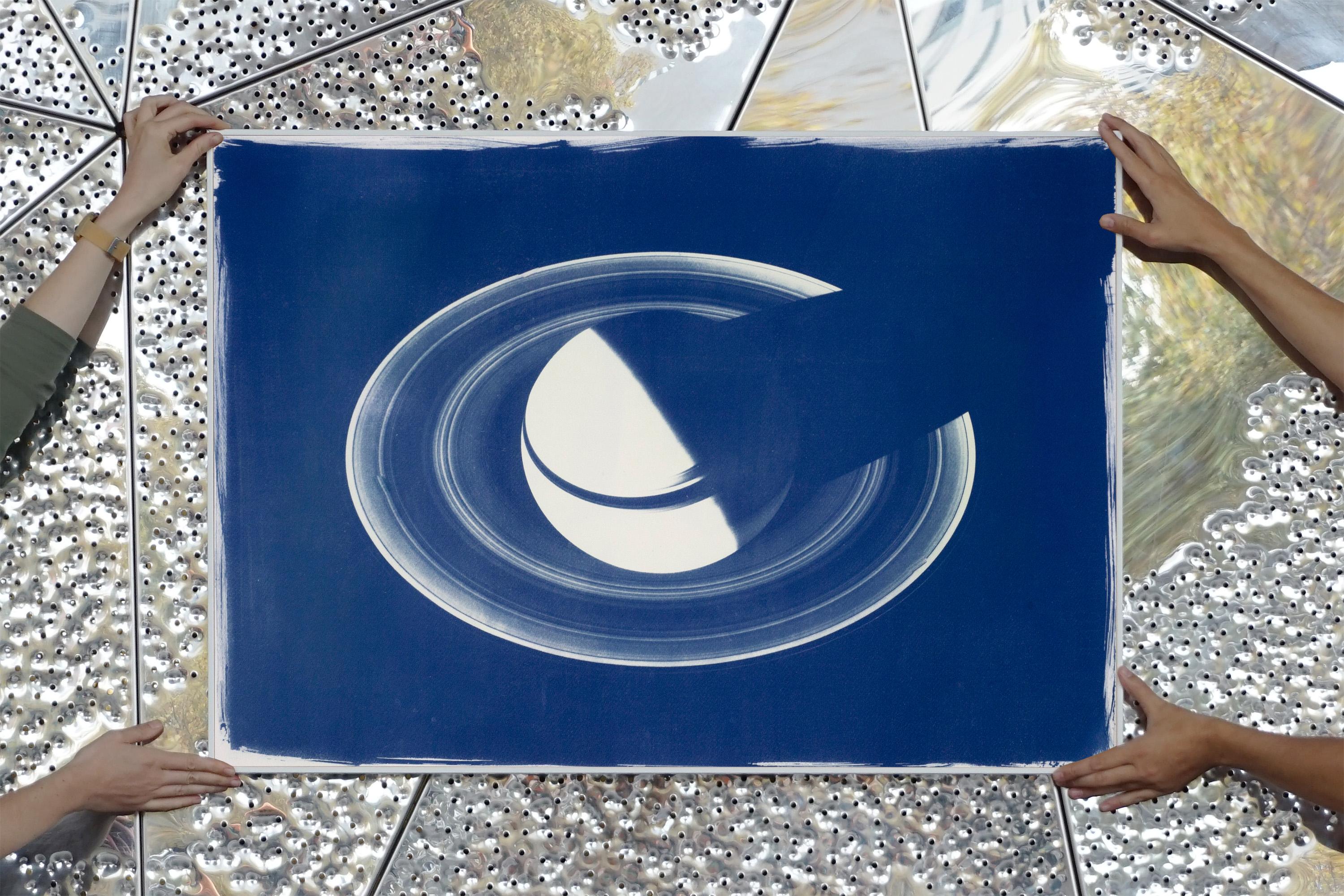 Saturn With Rings, Cyanotype on Watercolor Paper, 100x70cm, Space Art 1
