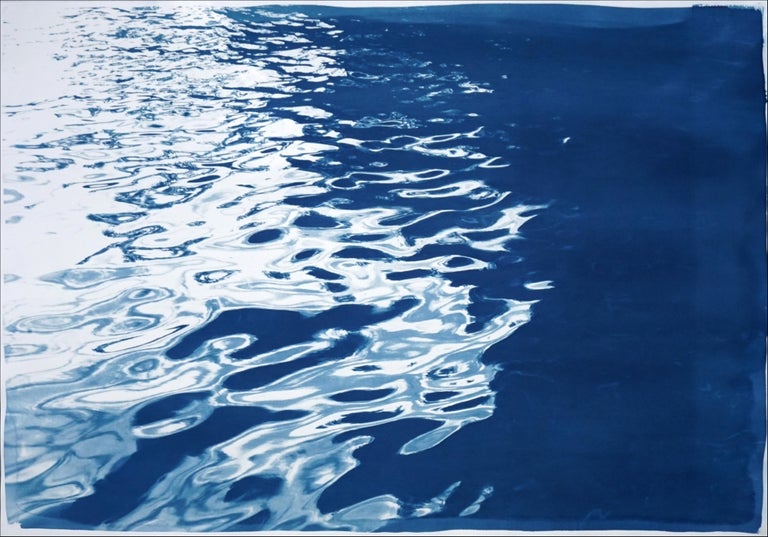 Kind of Cyan Landscape Print - Black Sea Rhythms, Nocturnal Seascape, Nautical Cyanotype Print on Paper, Navy 