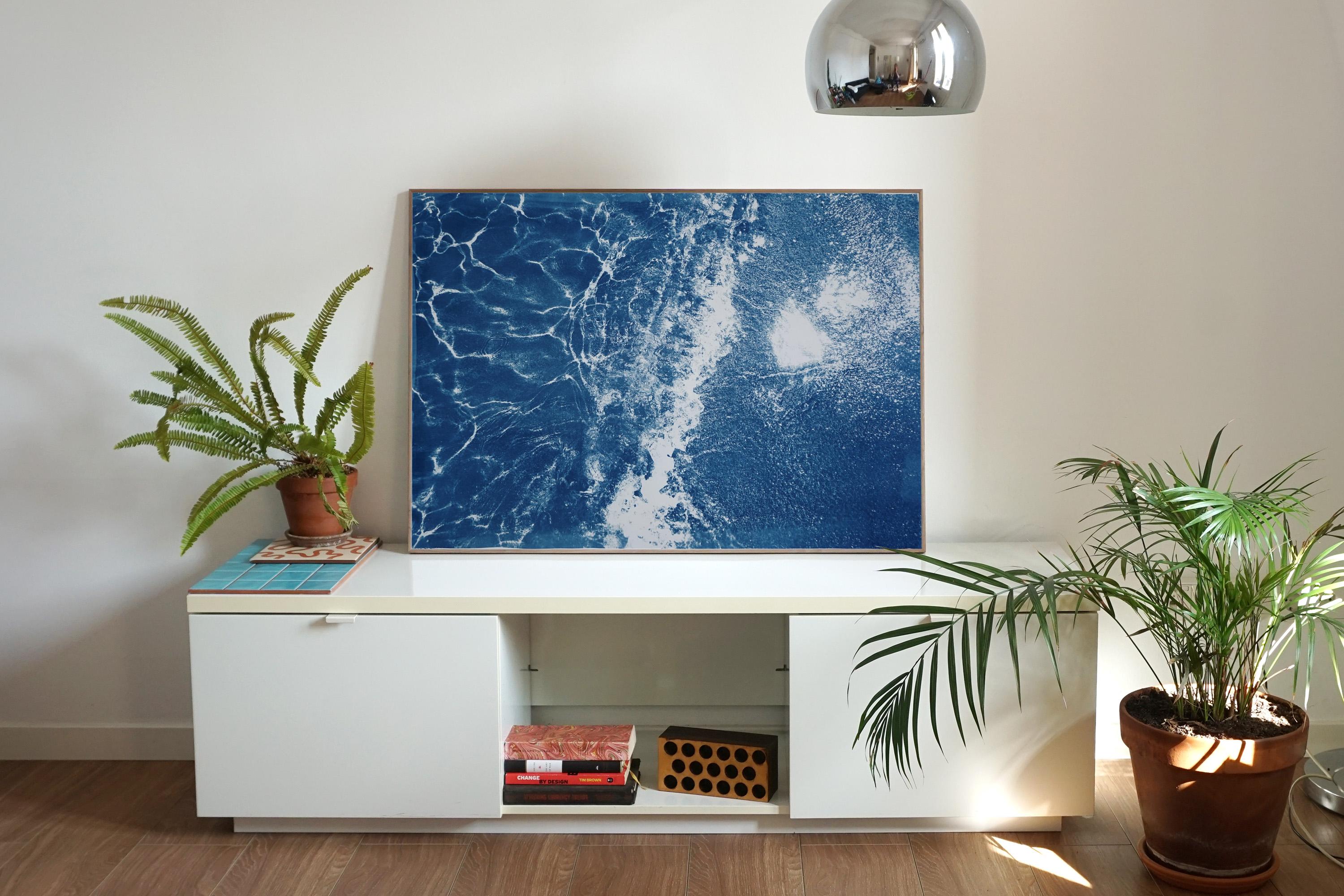 Caribbean Sandy Shore, Cyanotype on Watercolor Paper, 100x70cm, Beach House Art - Photograph by Kind of Cyan