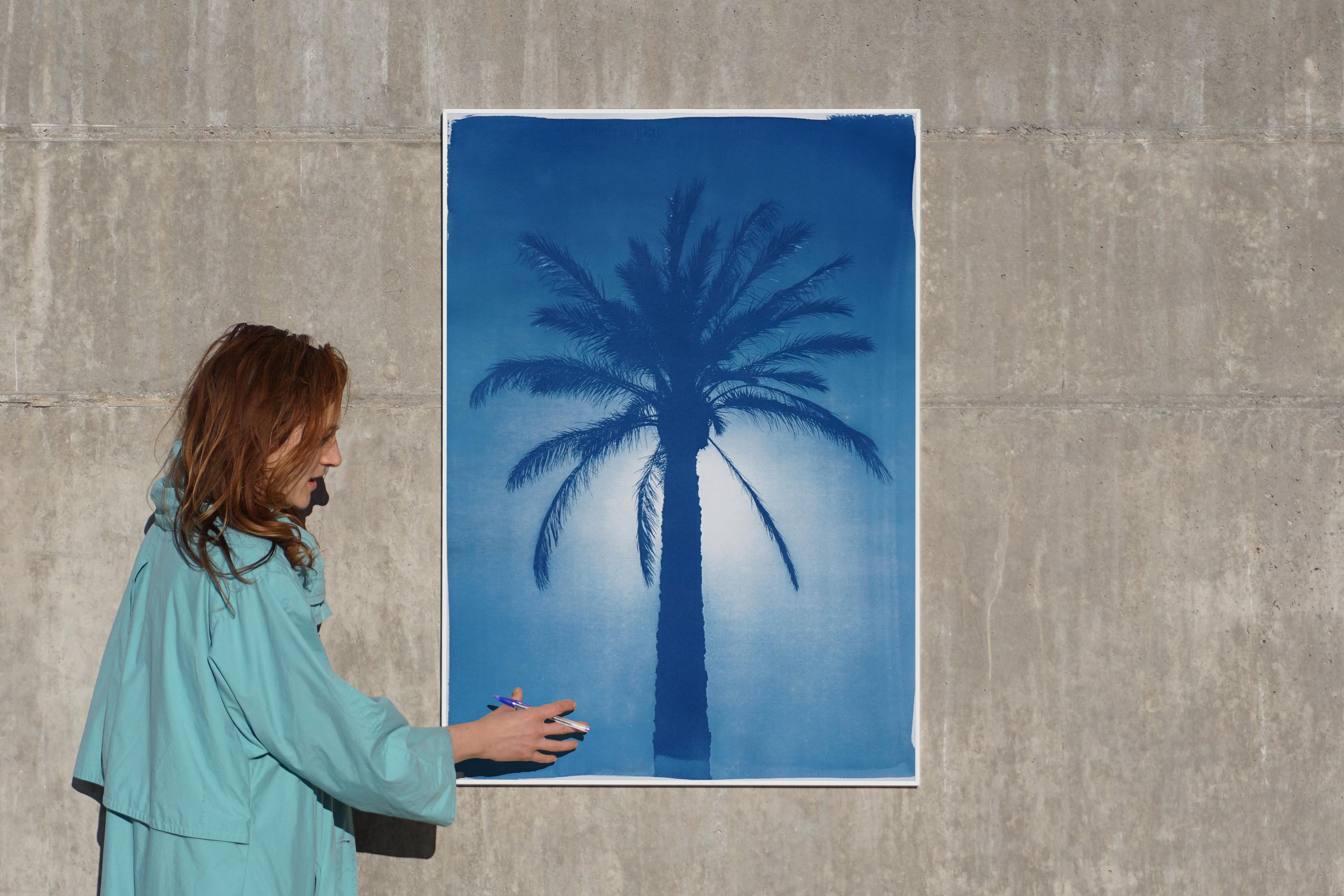 Palme du Citadel du Caire, cyanotype sur papier, arbre botanique du désert dans les tons bleus - Art de Kind of Cyan