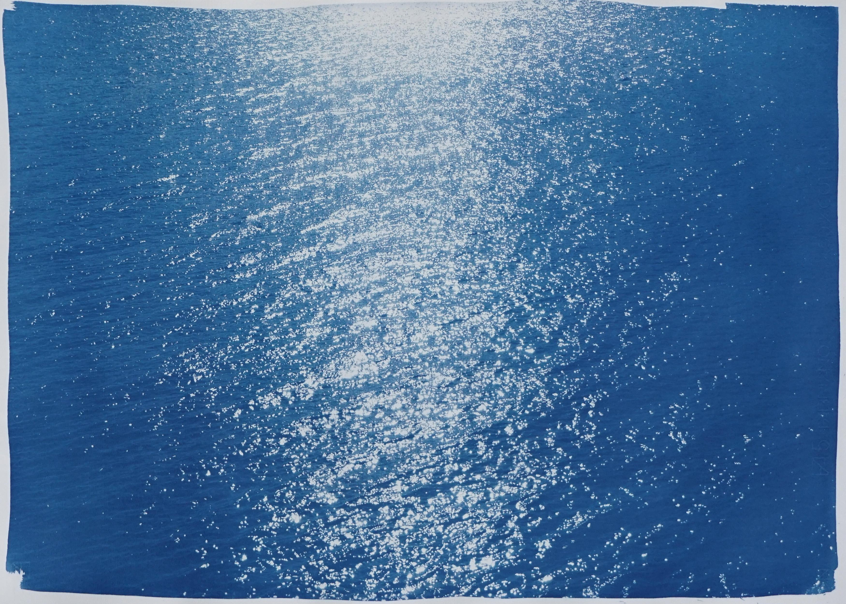 Tuscany Sea Reflections, Handprinted Cyanotype, Large Seascape, Water Reflection