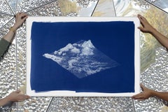 3D Render Mountain Landscape, Handmade Cyanotype in Deep Blue Tones, Minimal