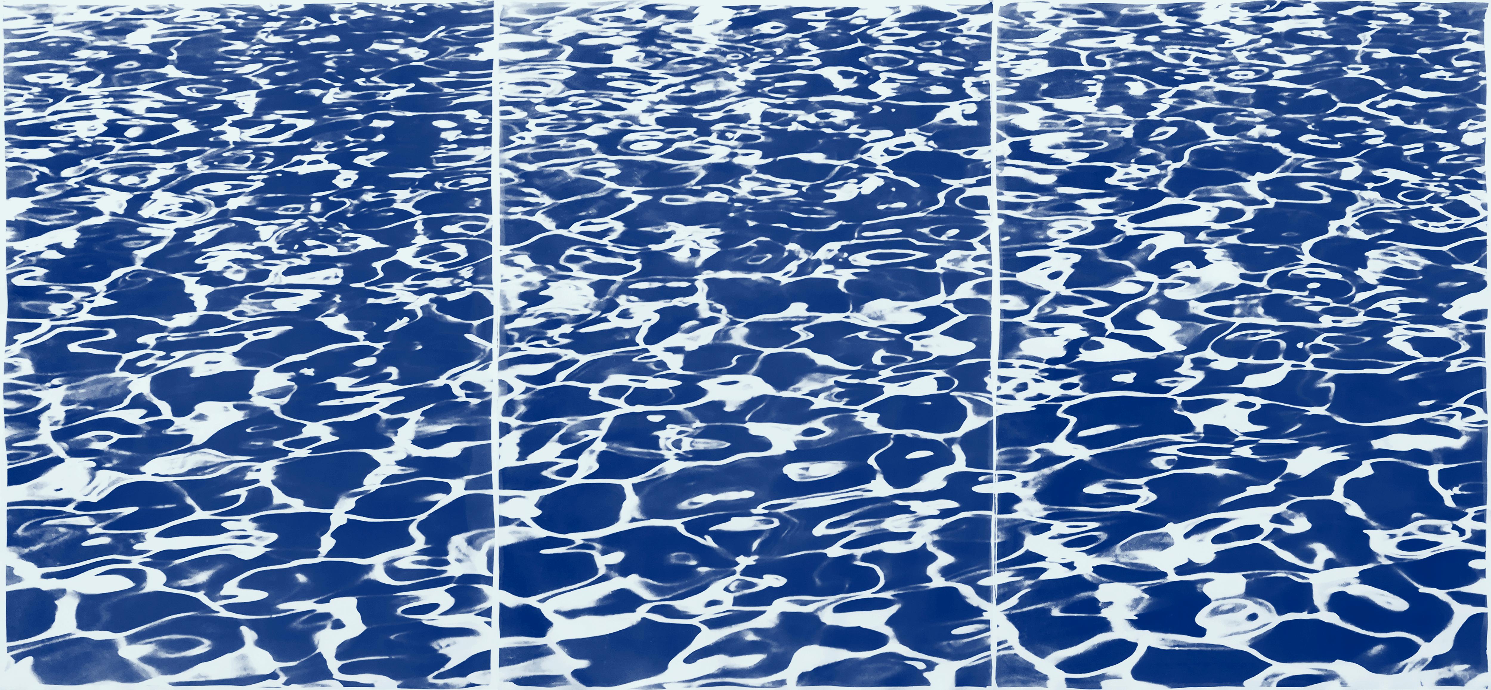 Kind of Cyan Abstract Drawing - Triptych, Fresh California Pool Patterns, Handprinted Cyanotype, 100x210cm