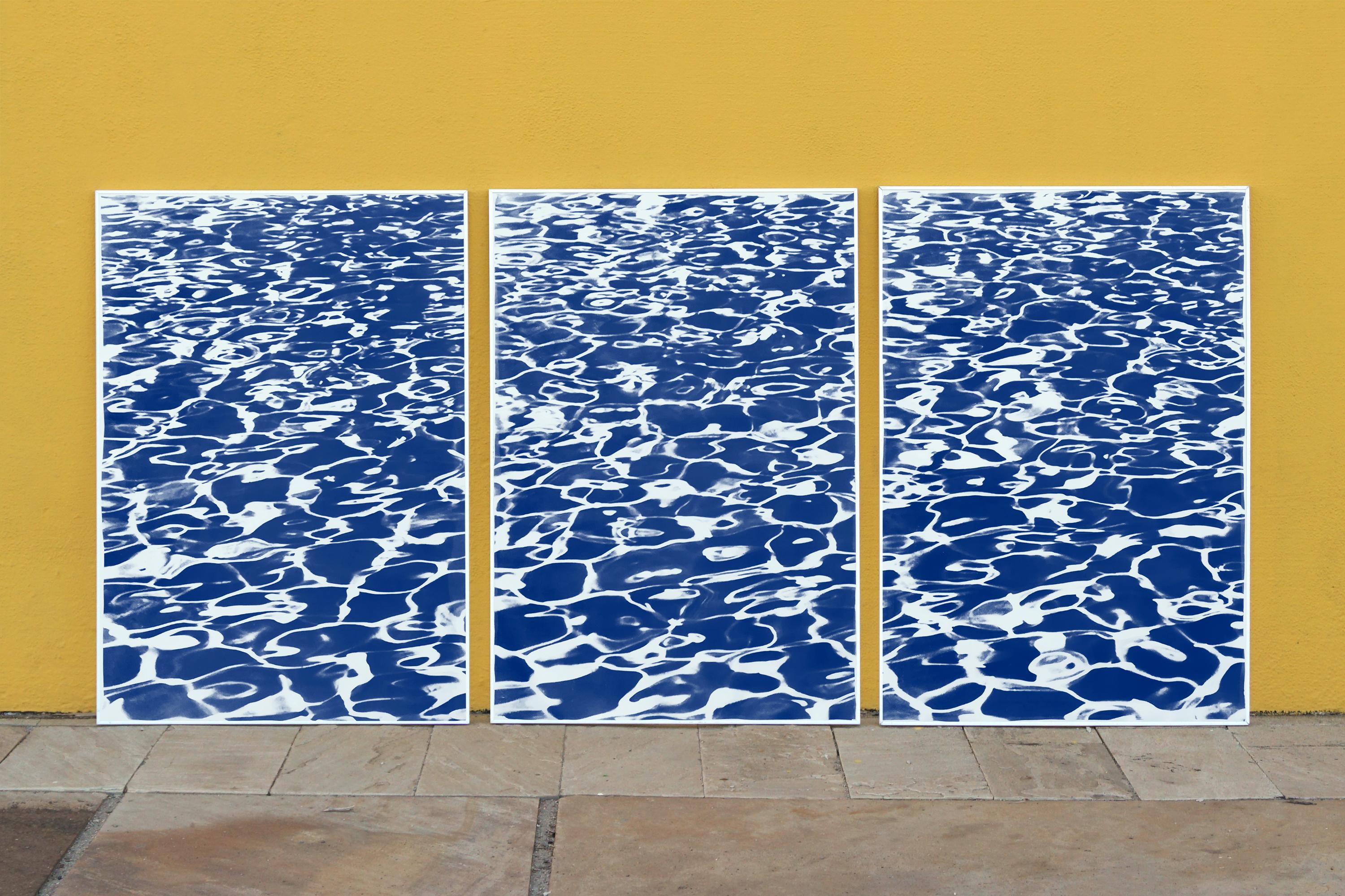 Triptych, Fresh California Pool Patterns, Handprinted Cyanotype, 100x210cm - Blue Abstract Drawing by Kind of Cyan