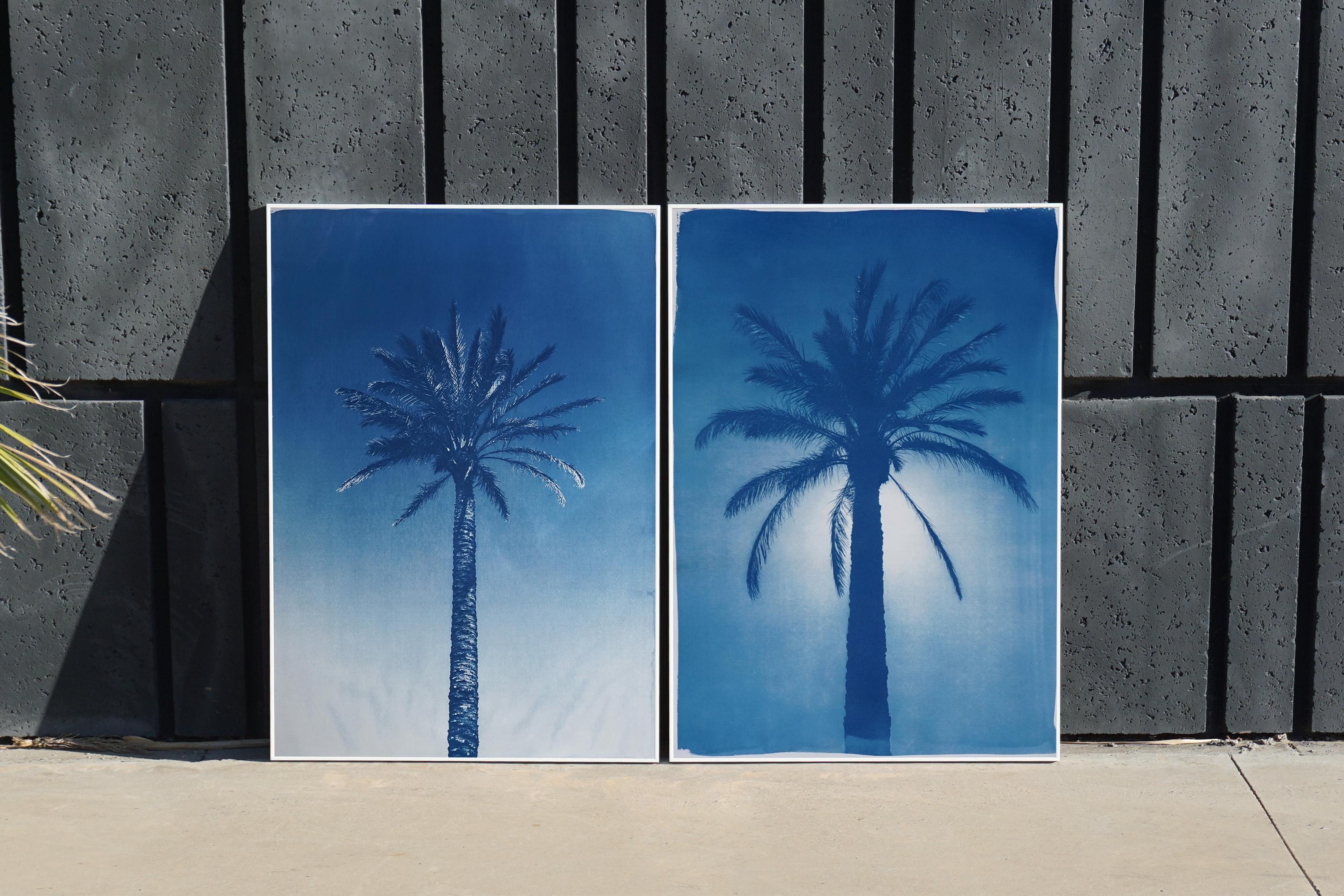 Duo de palmiers égyptiens bleus, diptyque botanique cyanotype sur papier, vintage moderne en vente 2
