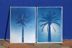 Duo of Blue Egyptian Palms, Botanical Diptych Cyanotype on Paper, Vintage Modern