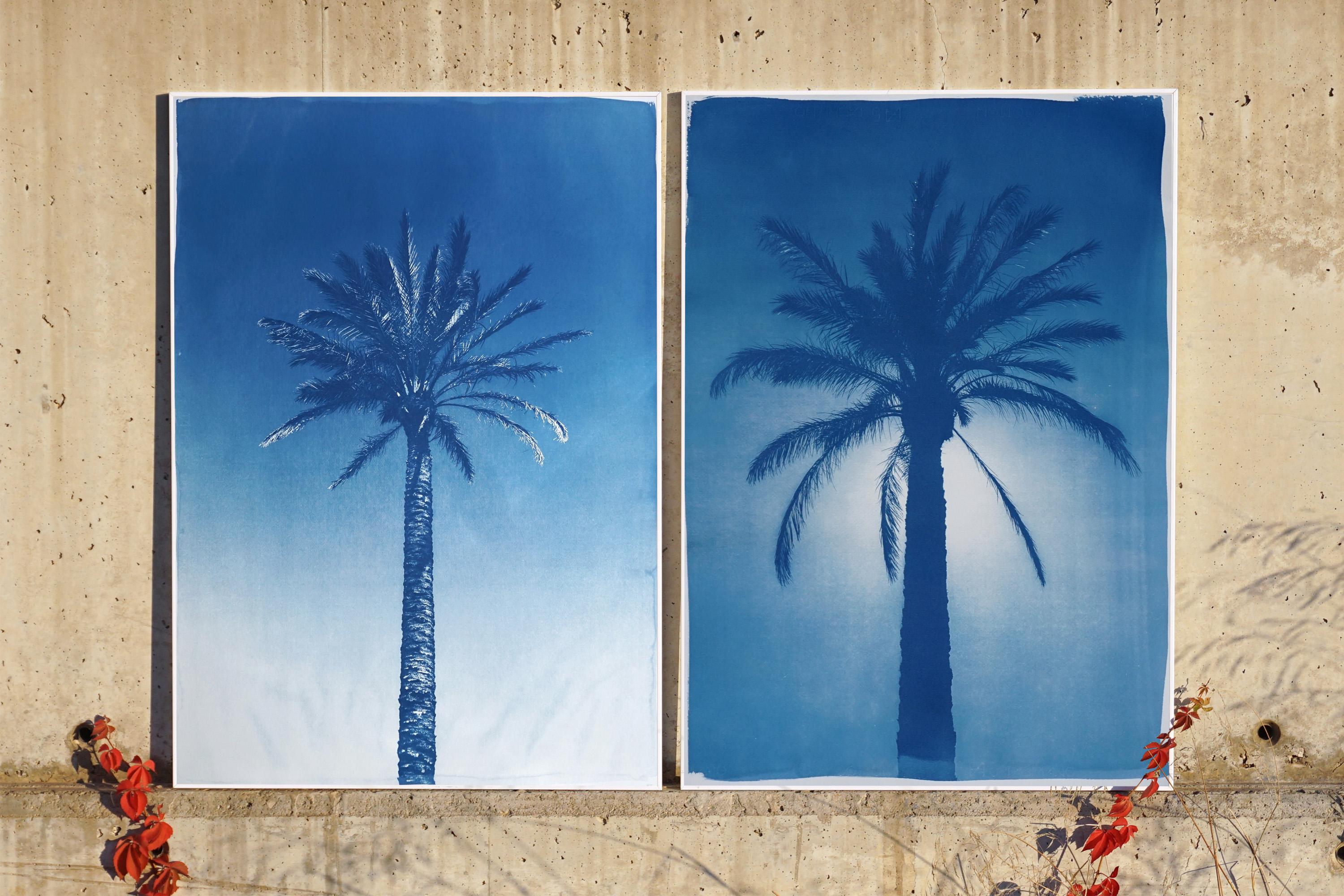 Duo de palmiers égyptiens bleus, diptyque botanique cyanotype sur papier, vintage moderne en vente 6