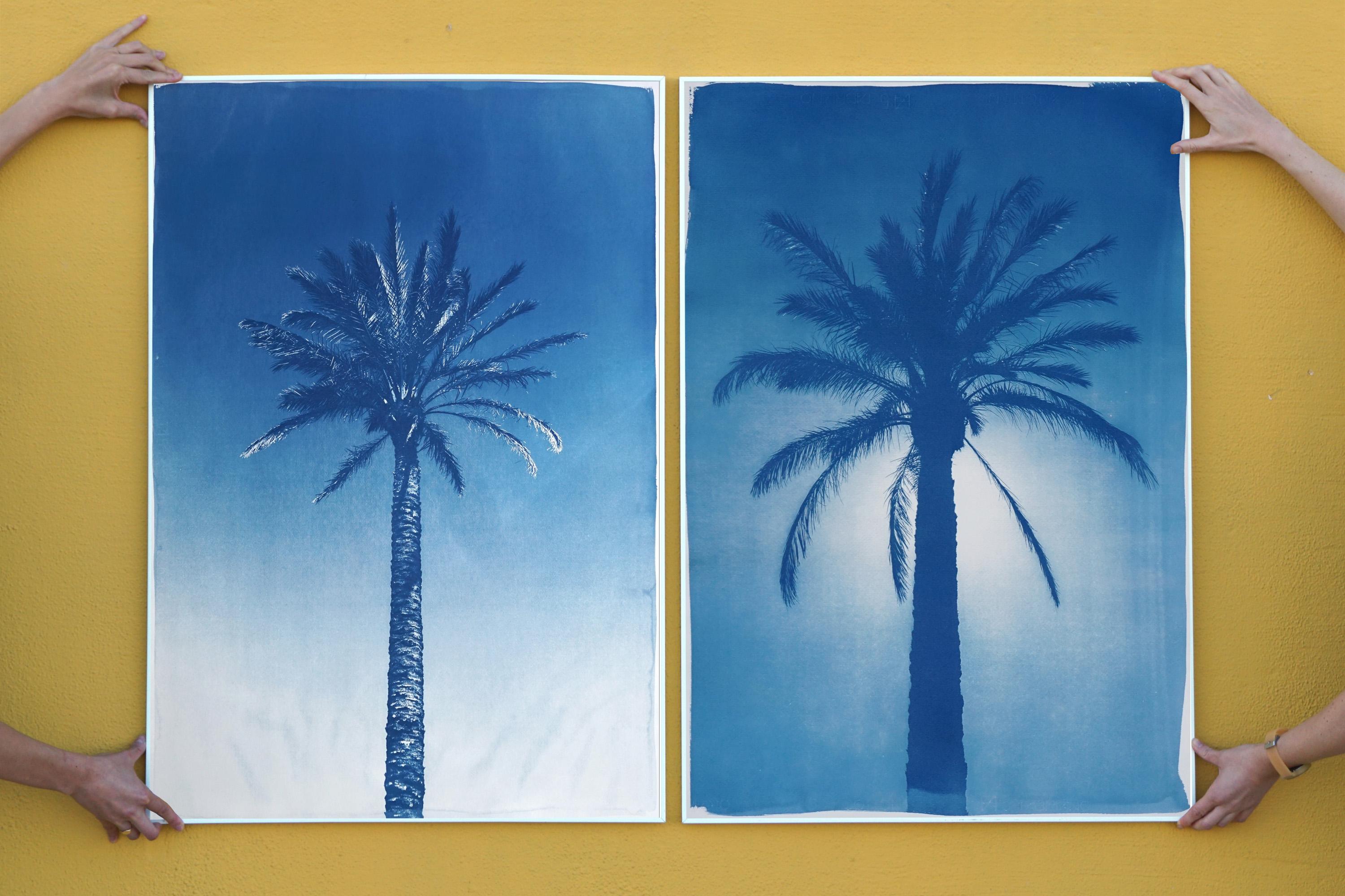 Duo de palmiers égyptiens bleus, diptyque botanique cyanotype sur papier, vintage moderne en vente 1