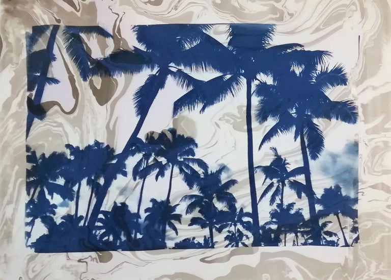 Kind of Cyan Still-Life Photograph -  Palm Tree Cyanotype with Grey and Violet Sumi Ink Marbling Background, Unique 