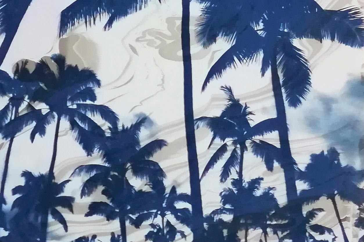  Palm Tree Cyanotype with Grey and Violet Sumi Ink Marbling Background, Unique  - Modern Art by Kind of Cyan