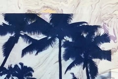 Palm Tree Cyanotype with Orange and Violet Sumi Ink Marbling,  50x70 cm