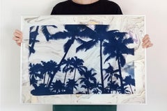  Palm Tree Cyanotype with Orange and Violet Sumi Ink Marbling,  50x70 cm