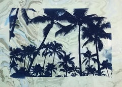 Palm Tree Cyanotype with Green and Grey Sumi Ink Marbling on Paper,  50x70 cm