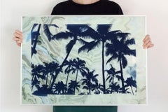 Palm Tree Cyanotype with Green and Grey Sumi Ink Marbling on Paper,  50x70 cm